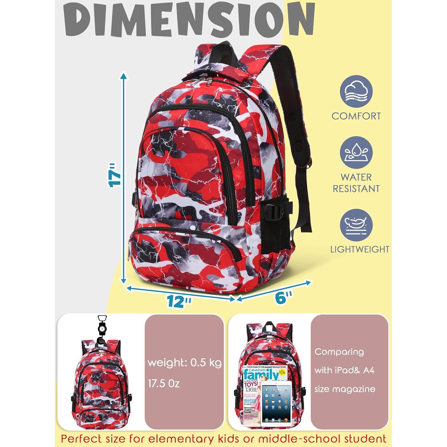 Mochila Escolar BLUEFAIRY 17" para Niños y Niñas Camo Rojo