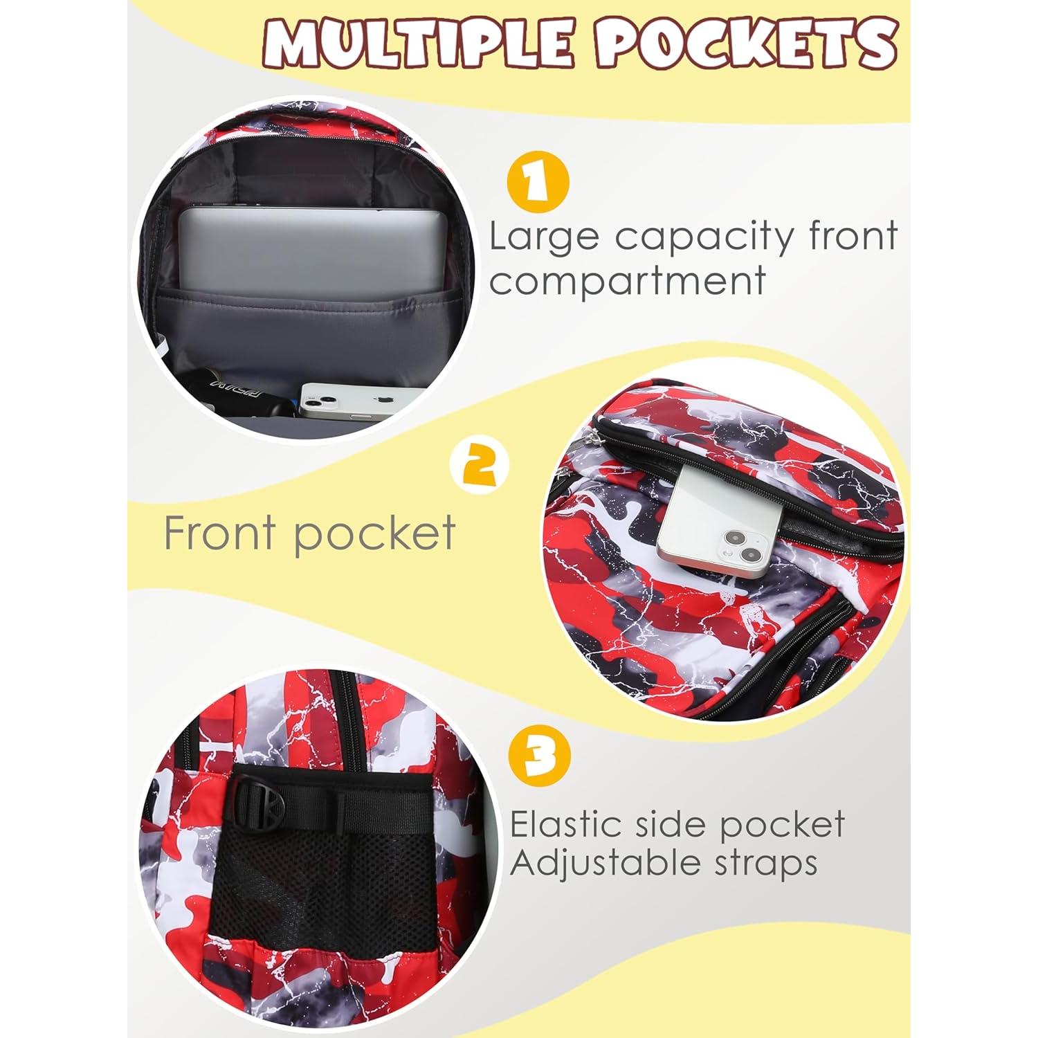 Mochila Escolar BLUEFAIRY 17" para Niños y Niñas Camo Rojo