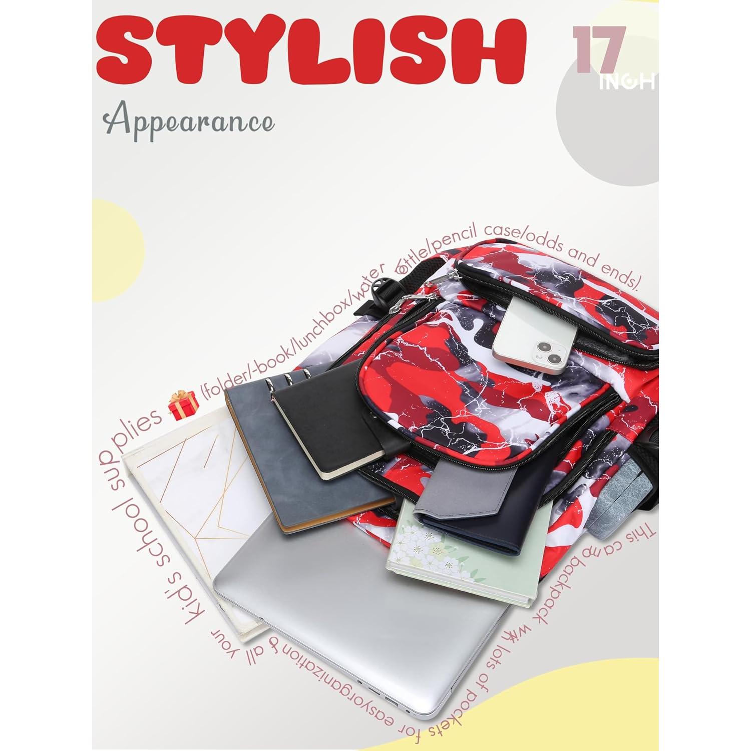 Mochila Escolar BLUEFAIRY 17" para Niños y Niñas Camo Rojo