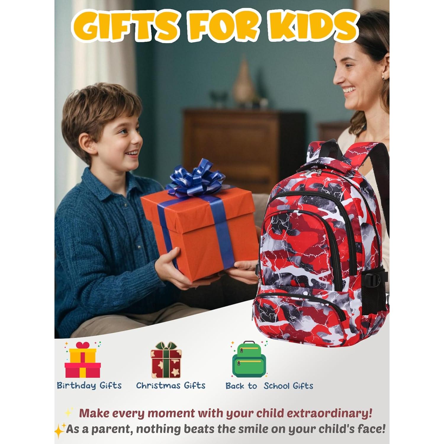 Mochila Escolar BLUEFAIRY 17" para Niños y Niñas Camo Rojo