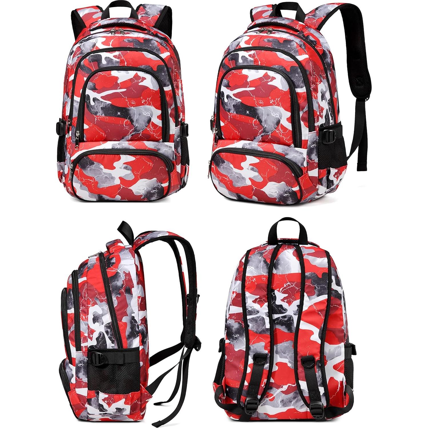 Mochila Escolar BLUEFAIRY 17" para Niños y Niñas Camo Rojo