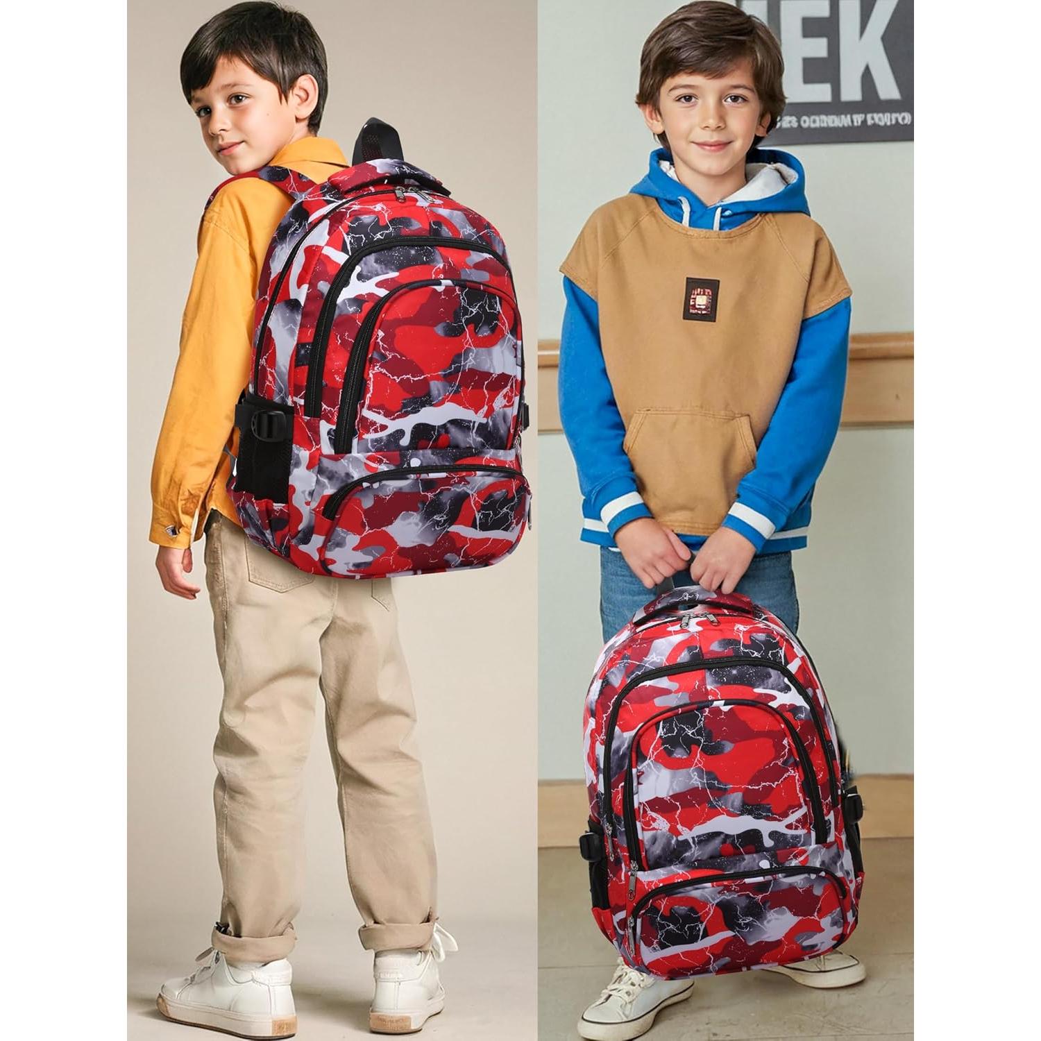 Mochila Escolar BLUEFAIRY 17" para Niños y Niñas Camo Rojo