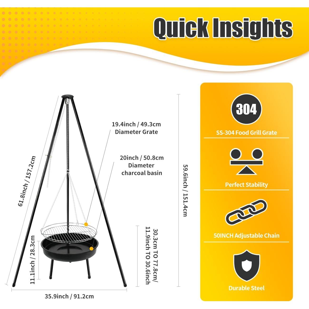 Parrilla de trípode ajustable gzcmxh para acampar - 2025 cm²