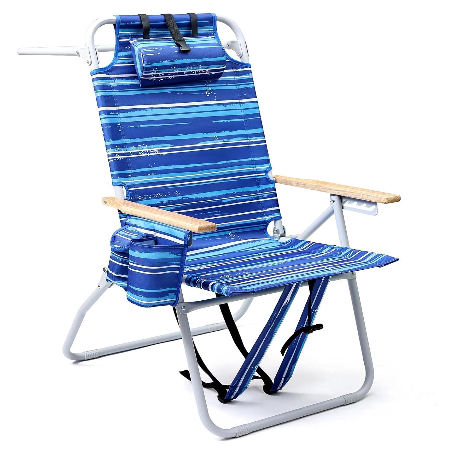 Silla de Playa Alta Yestomo con Reposabrazos y Mochila - Rayas Azules