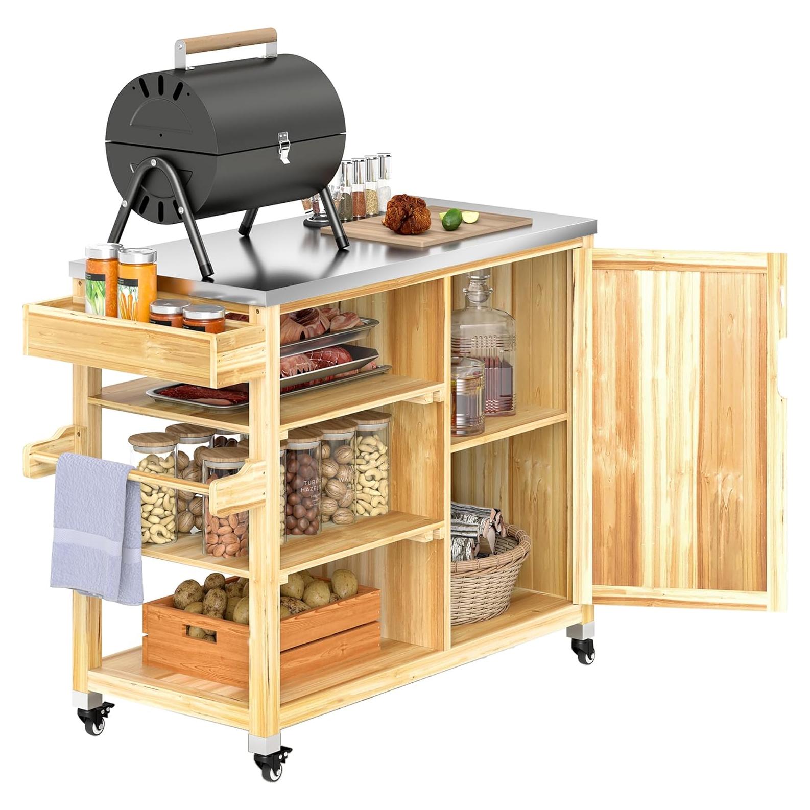 Carrito de Parrilla Outsunny Madera Natural con Acero Inoxidable