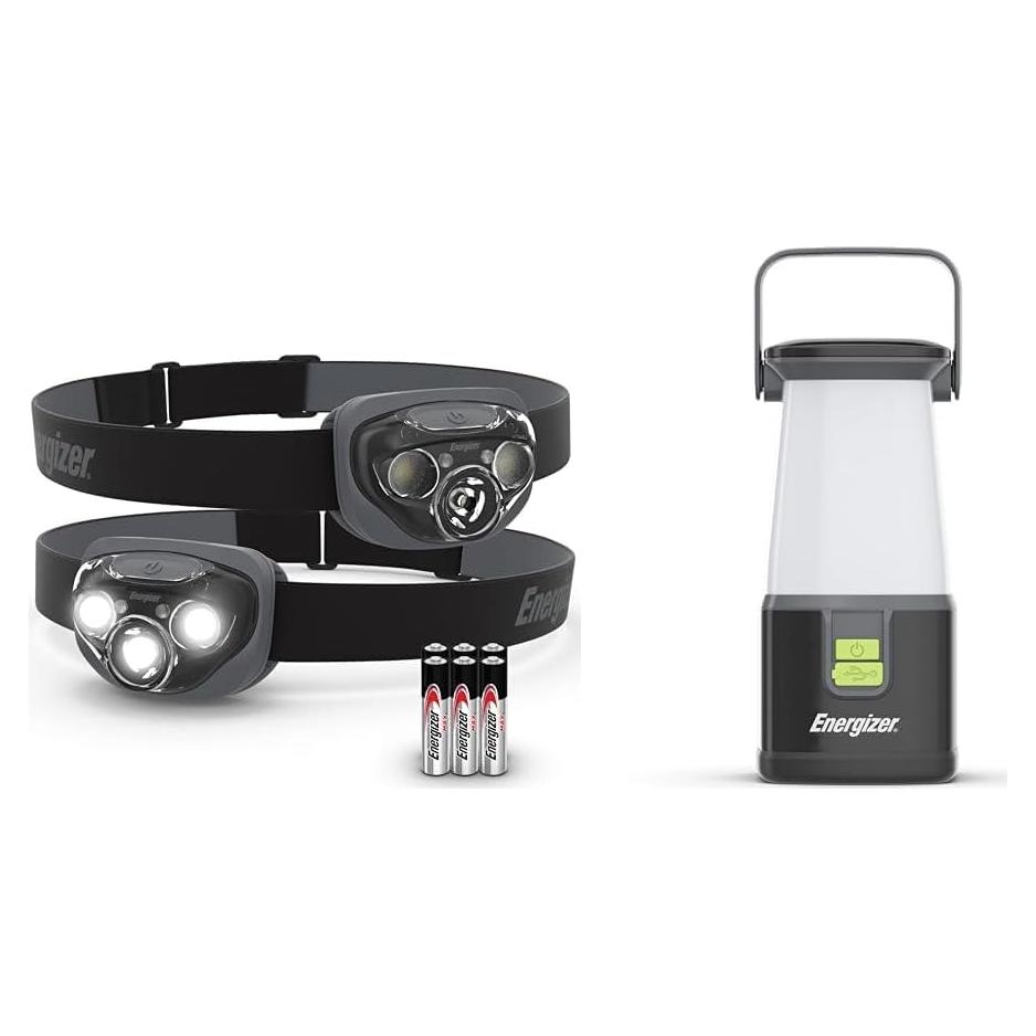 Paquete 2 Lámparas Frontales LED Energizer PRO + Linterna Camping 500 Lúmenes