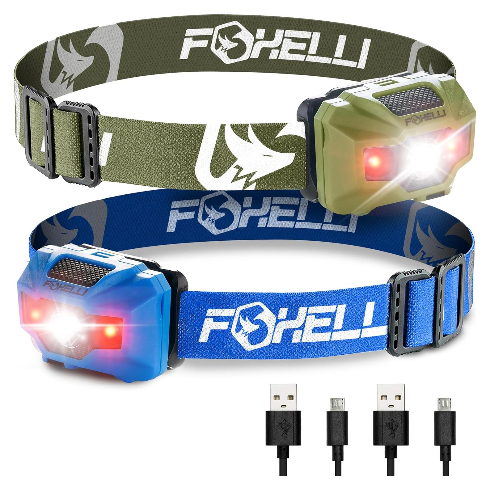 Paquete de 2 Linternas Frontales LED Foxelli - Caqui y Azul