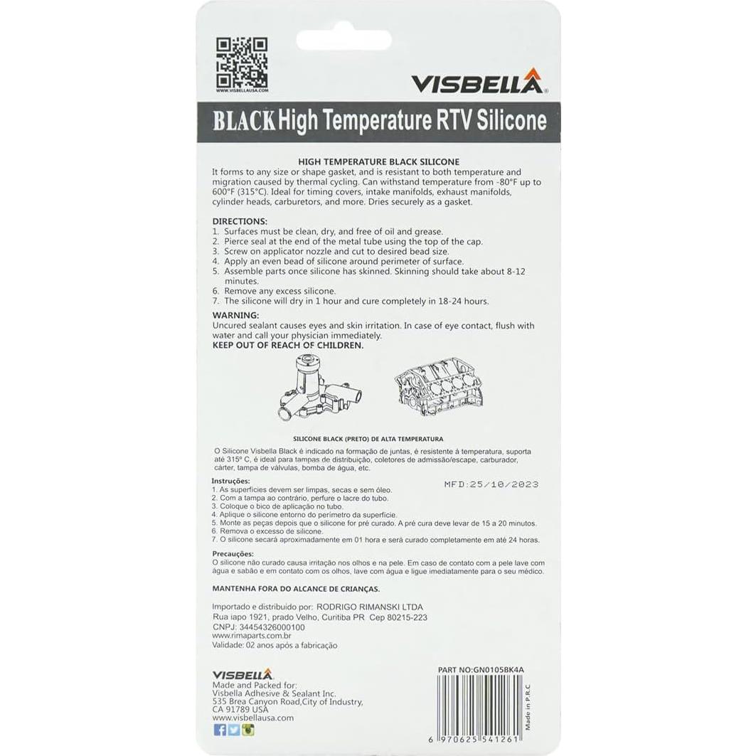 Sellador de Silicona RTV Visbella 3.7 OZ Negro Alta Temperatura