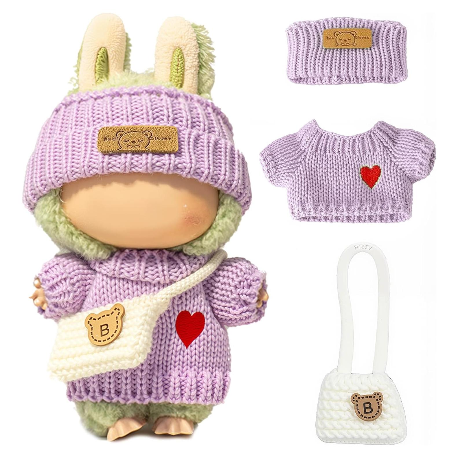 Conjunto de Ropa para Muñeca LABUBU 17cm - Suéter Corazón, Gorro y Bolsa