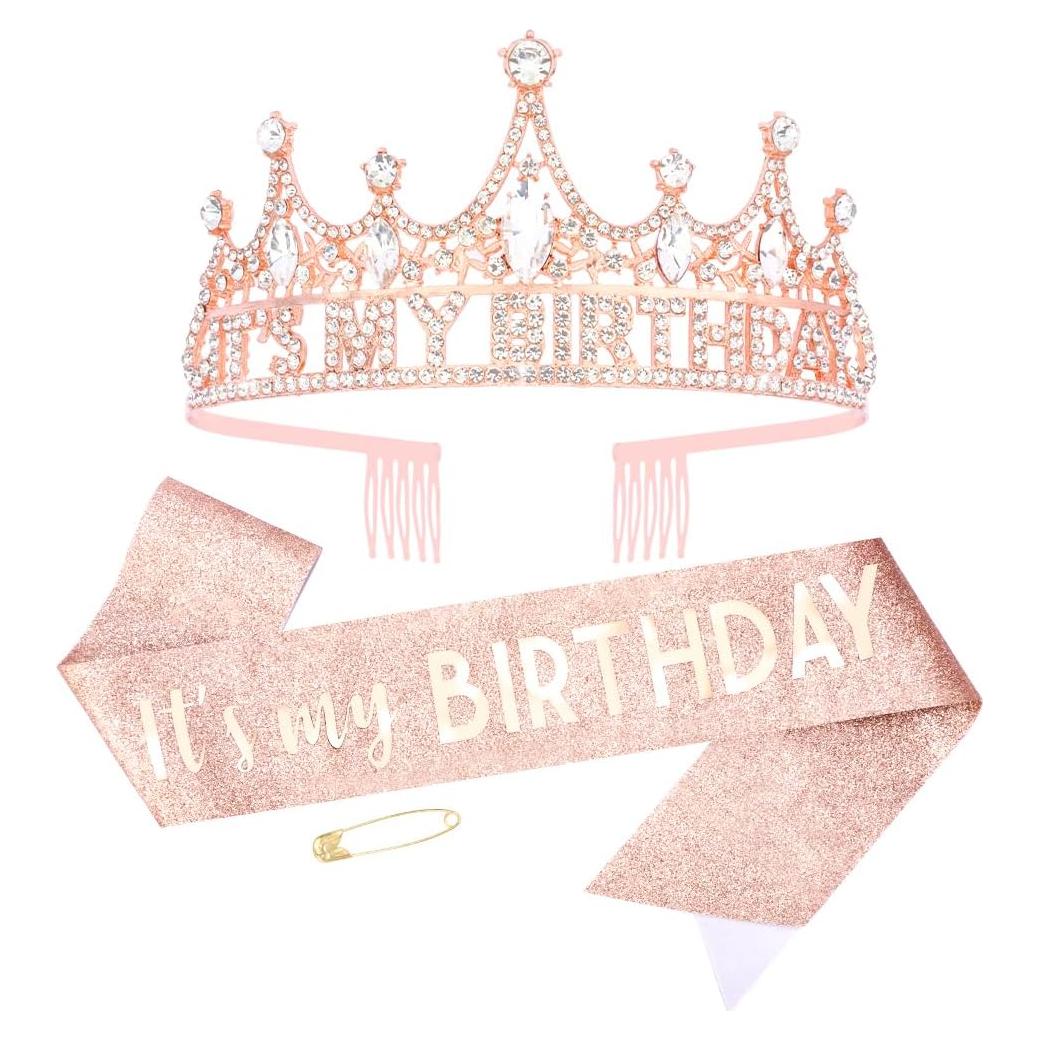 Corona y Banda de Cumpleaños Ahoney Oro Rosa para Mujeres