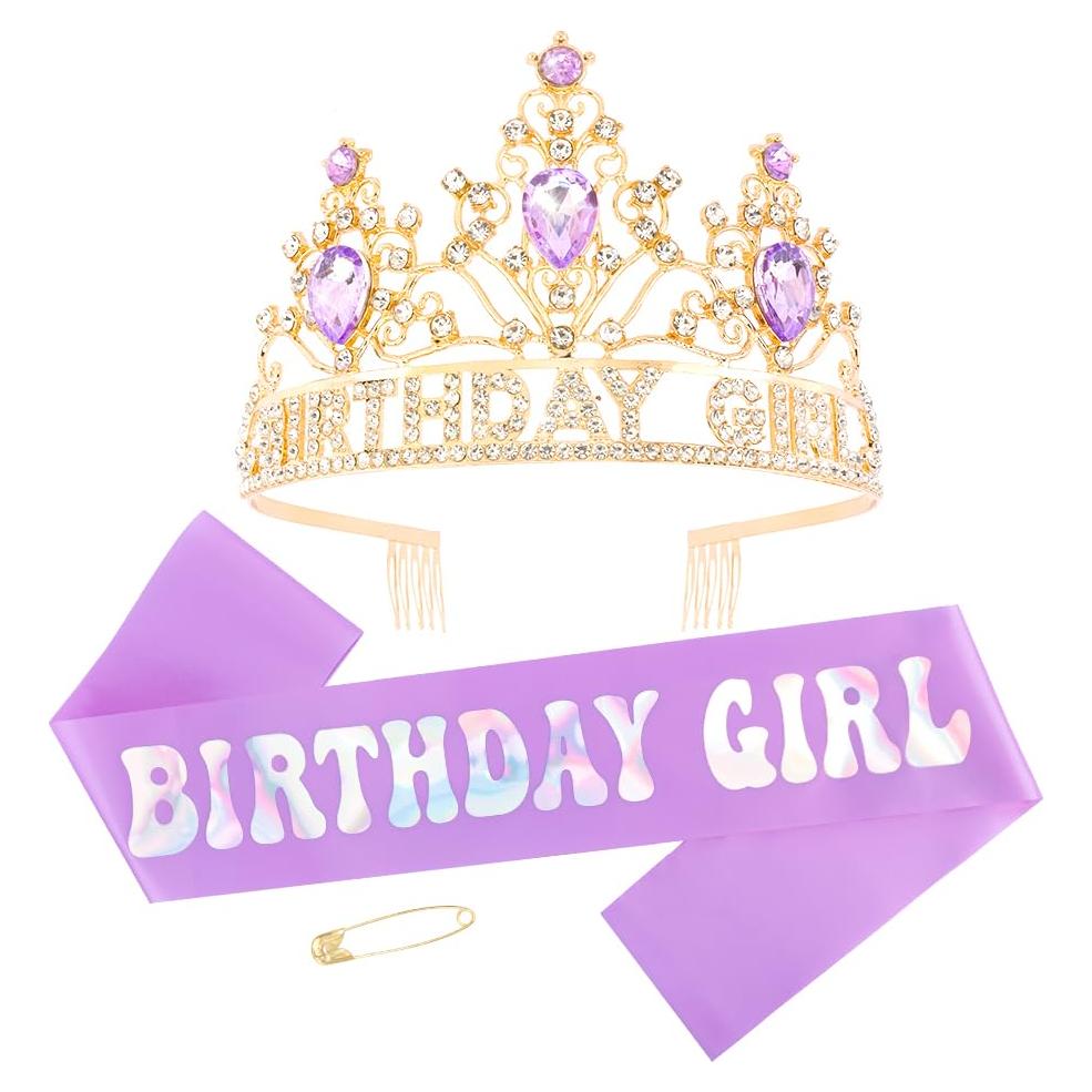 Corona y Banda de Cumpleaños AHONEY Morada para Niñas y Mujeres