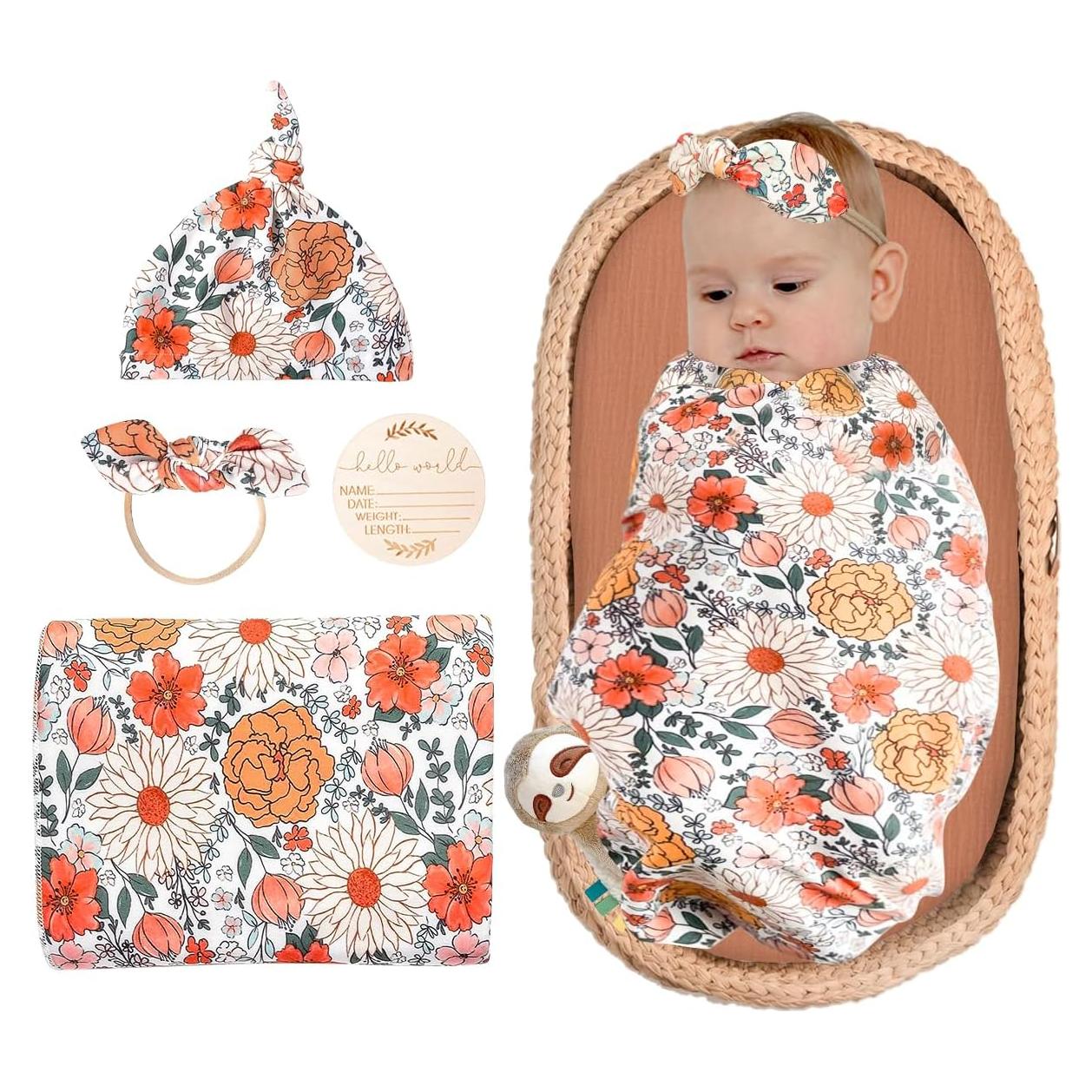 Manta Envueltos Floral ZURLEFY para Bebé con Gorro y Lazo