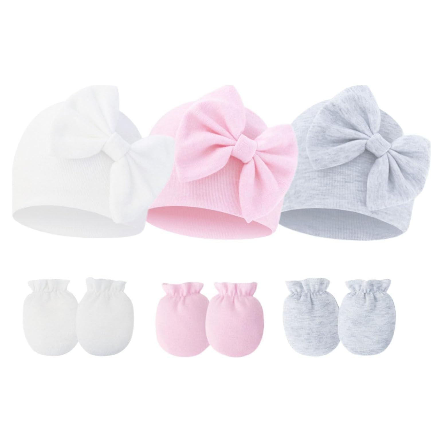 Conjunto Gorro y Manoplas Bebé Niña Rosa con Lazo 0-6 Meses