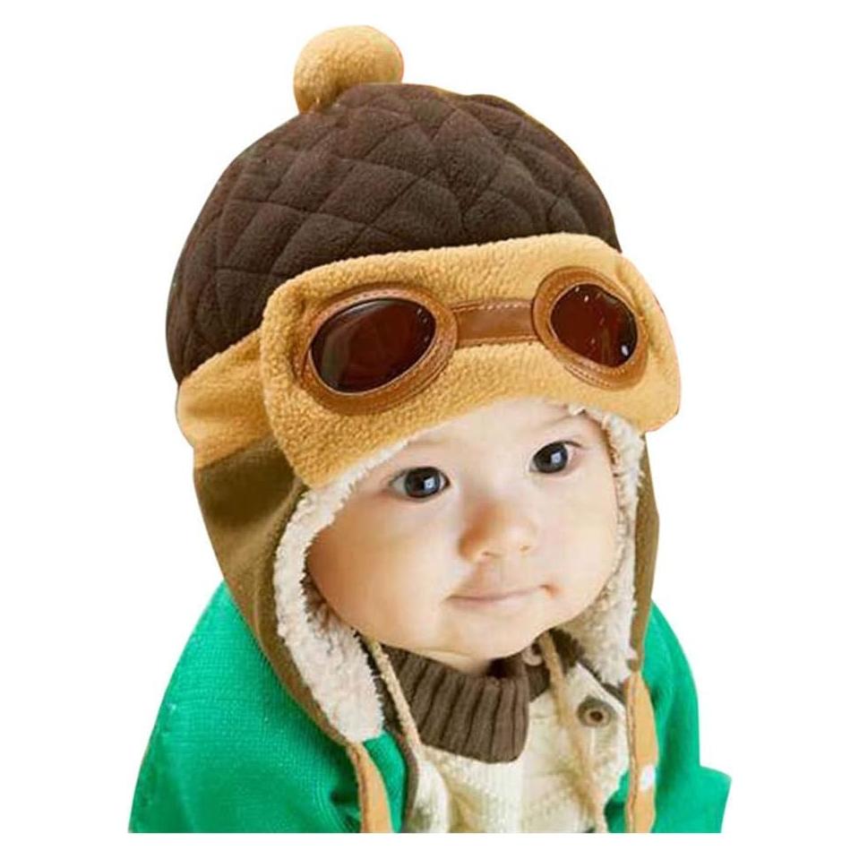 Gorro de piloto de ganchillo para bebés y niños - Café - 6 a 48 meses