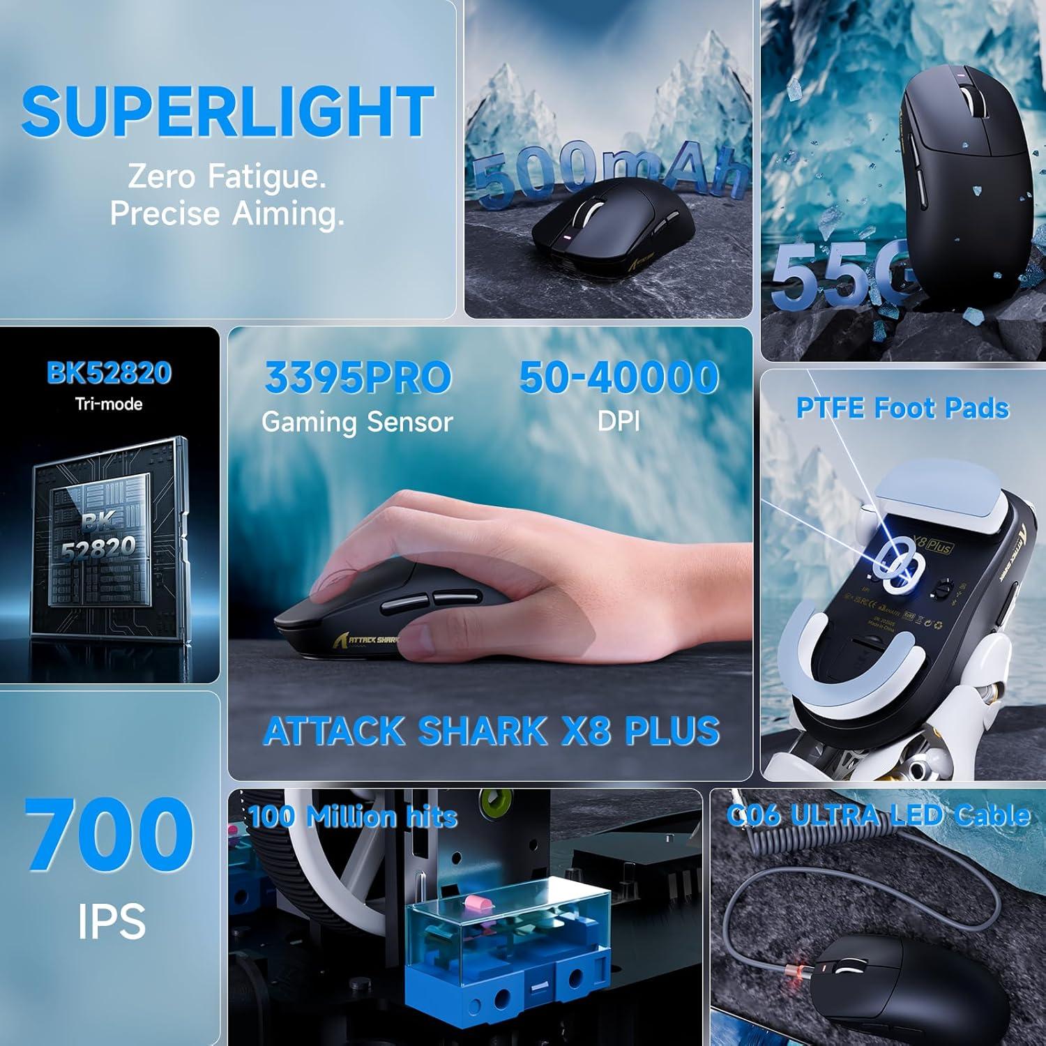 Ratón Gaming Inalámbrico ATTACK SHARK X8Plus 55g 40K DPI