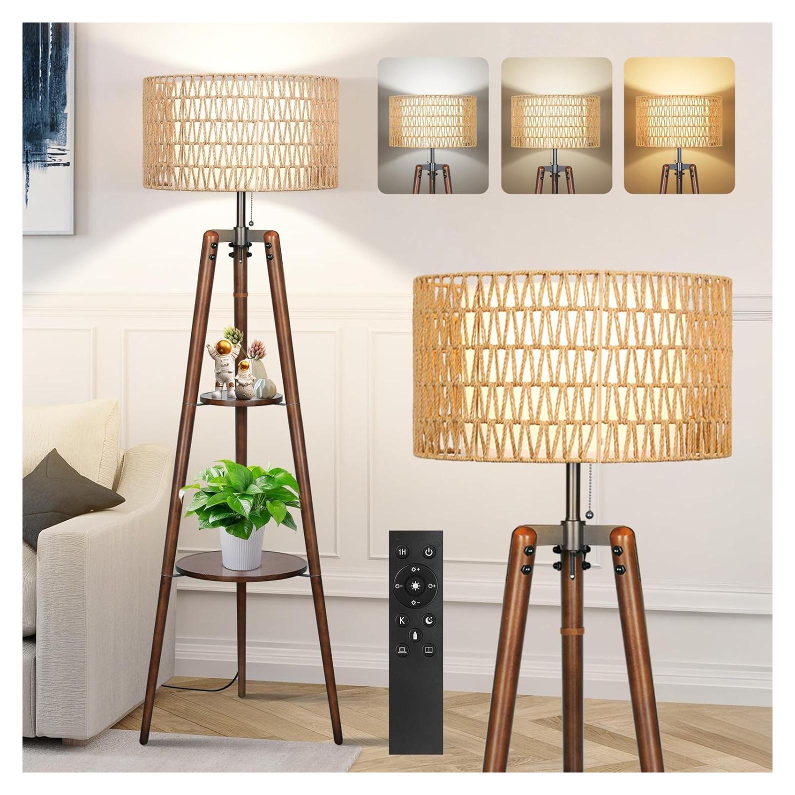 Lámpara de Pie Tripode Boho OUTON con Estantes y Control Remoto