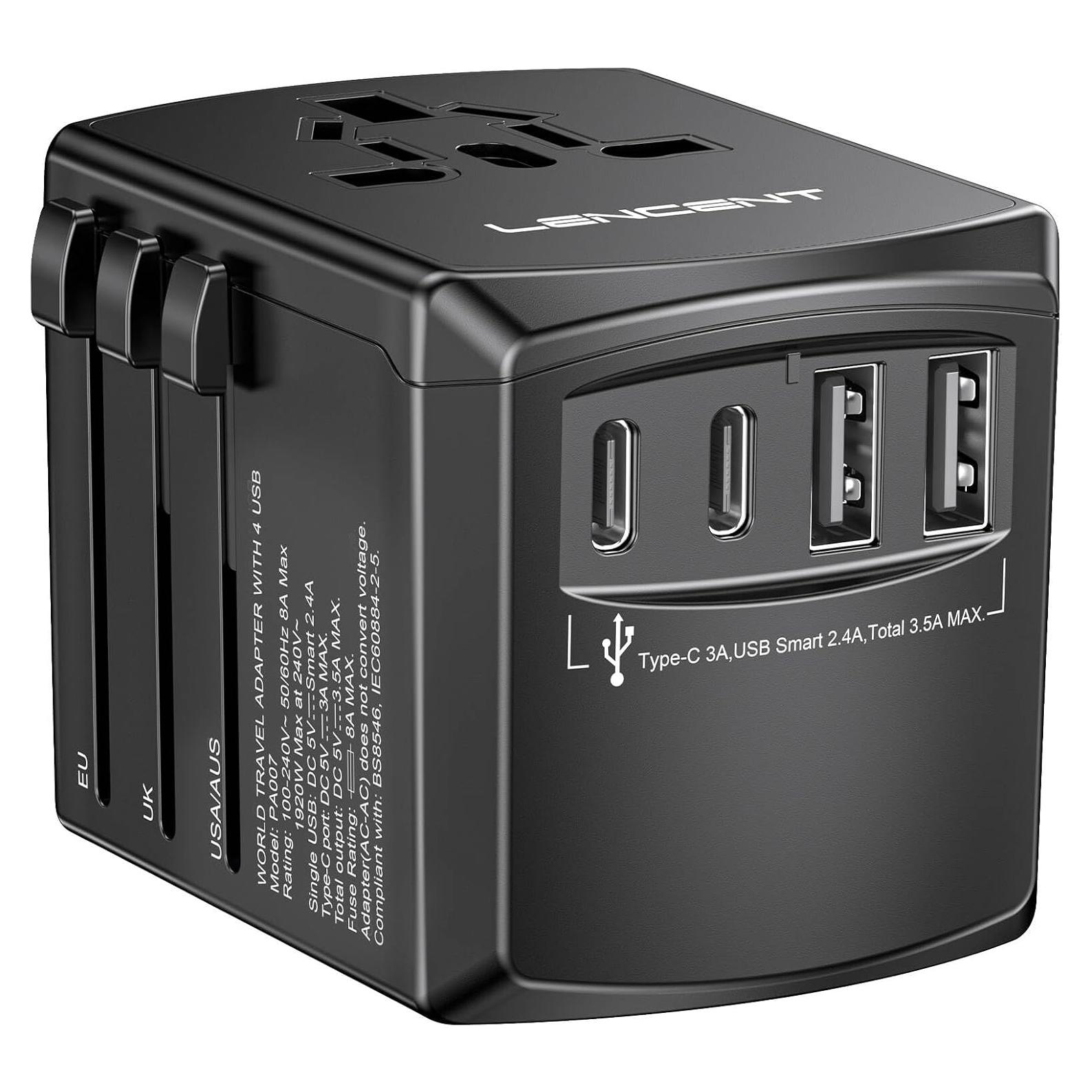 Adaptador de corriente universal LENCENT 5 en 1 con 4 enchufes y 4 puertos USB