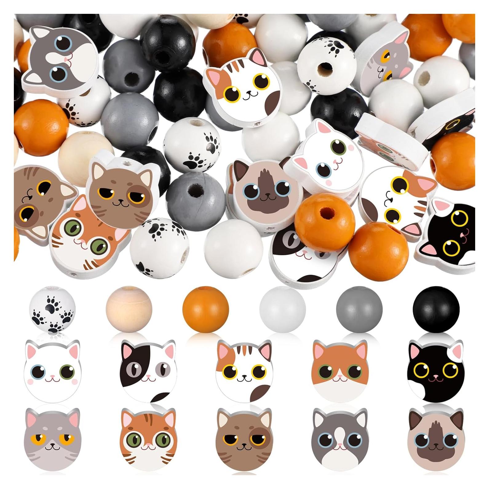 Waydress 200 Perlas de Madera Redondas Diseño Gato 16mm DIY