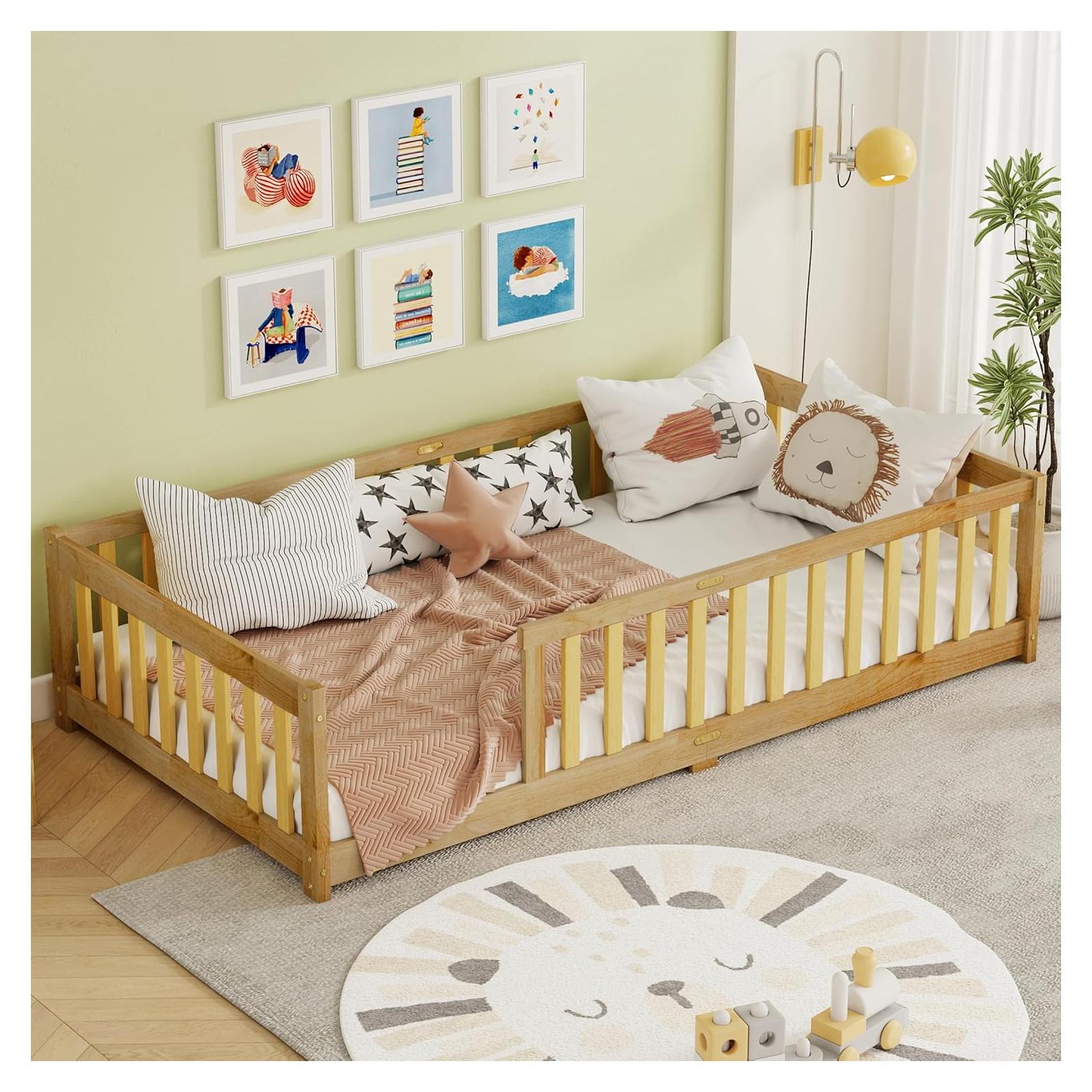 Cama de Piso Twin Bellemave de Madera con Barandillas Natural