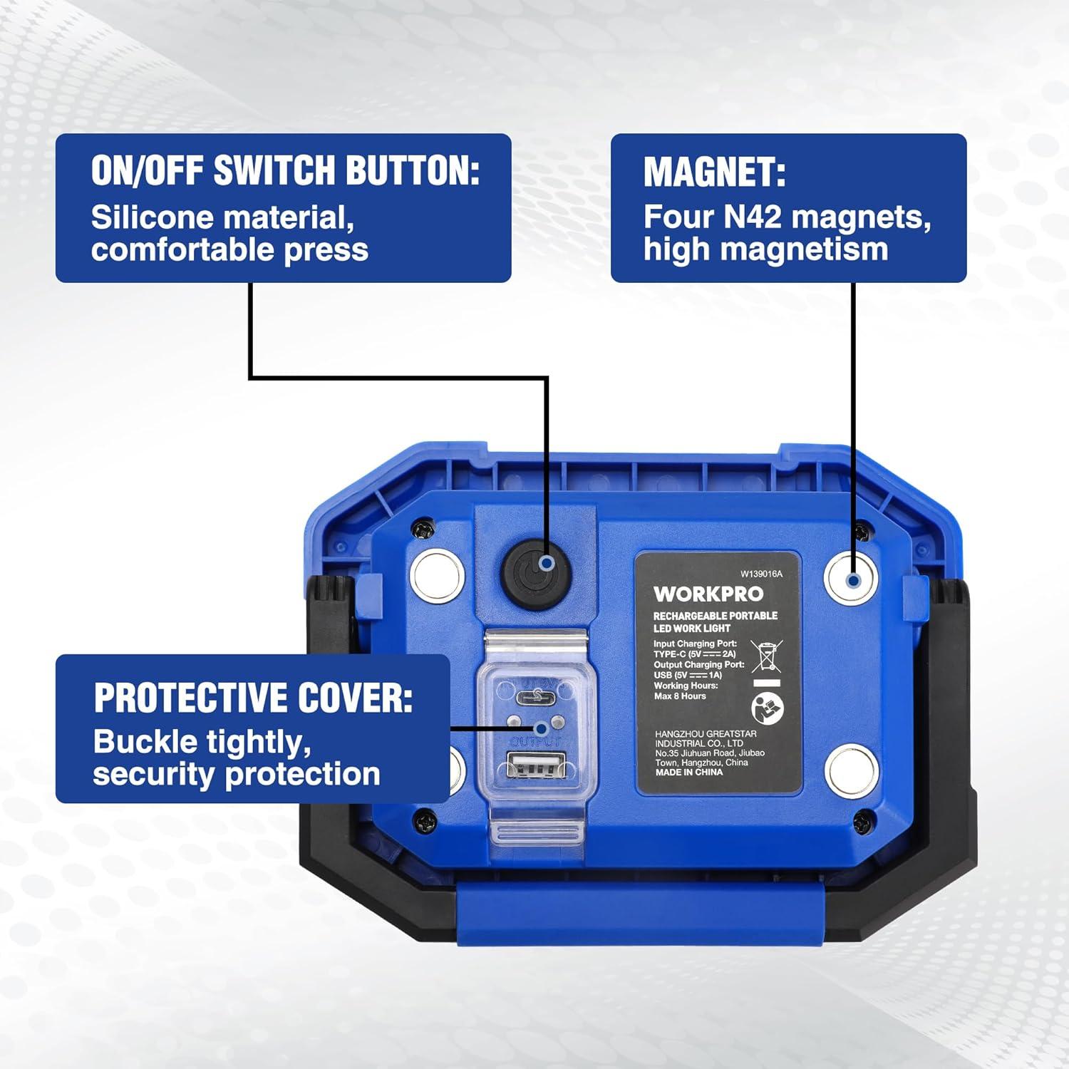Luz de Trabajo LED WORKPRO 2000LM Recargable 4 Modos