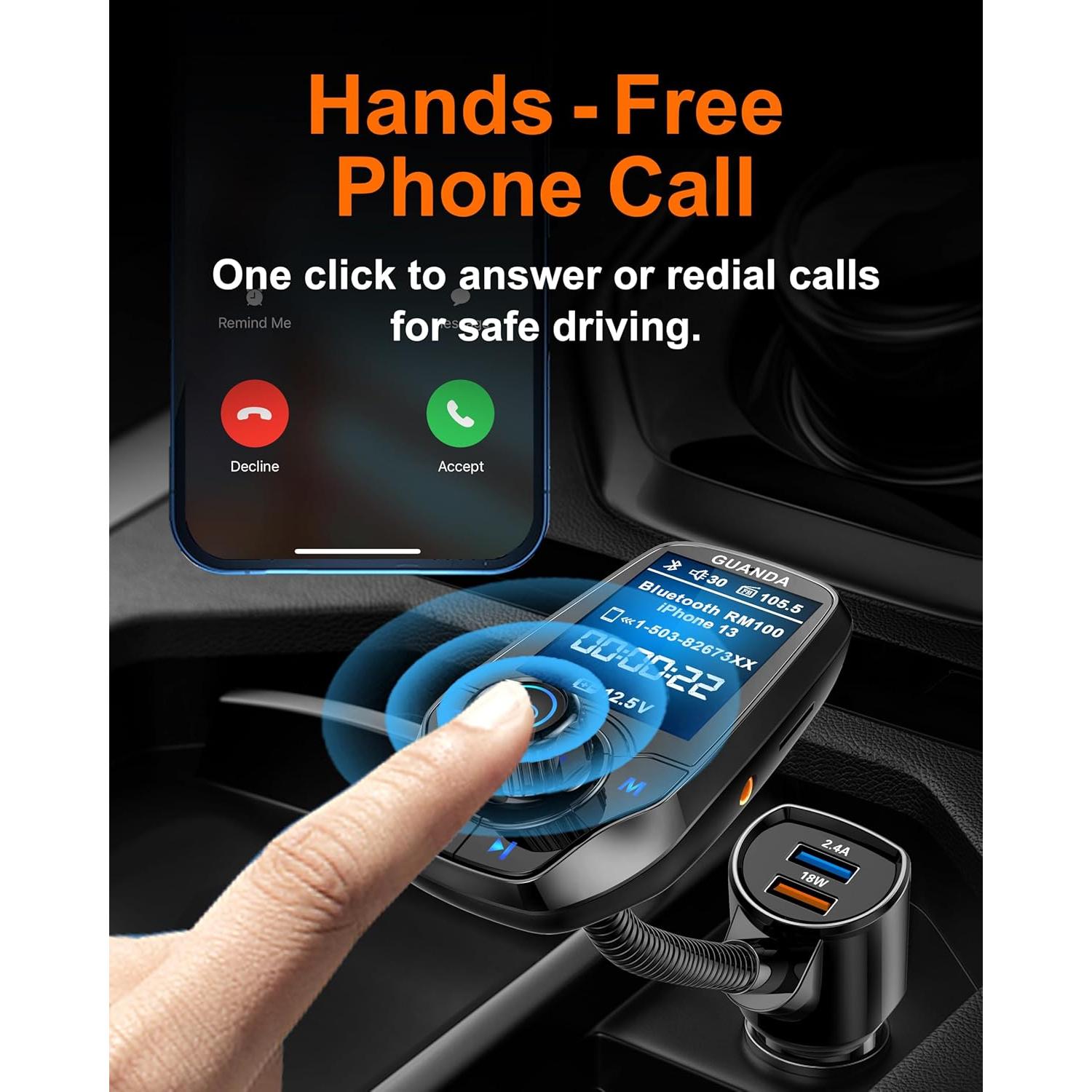 Transmisor FM Bluetooth Guanda RM100 Carga Rápida 18W Negro