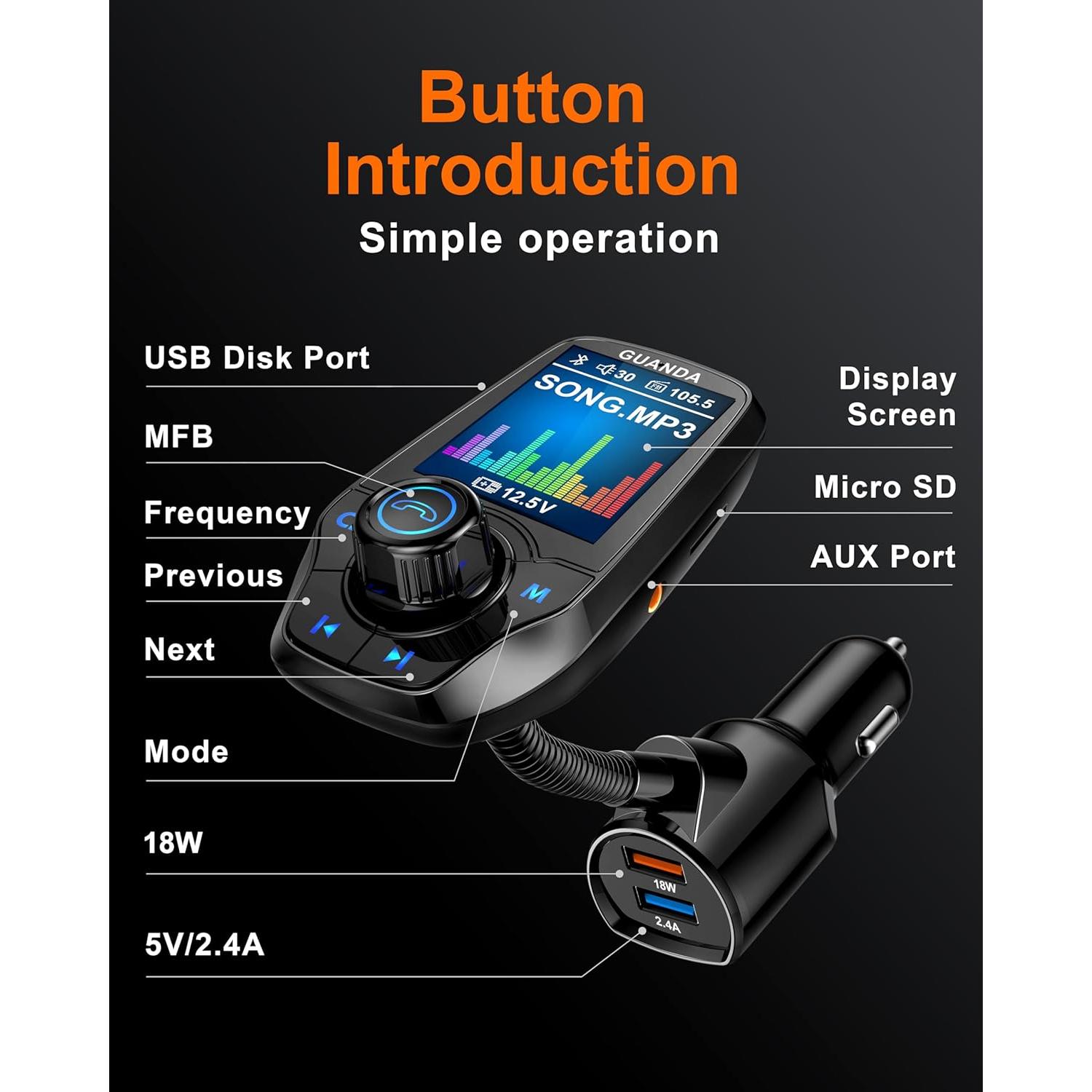 Transmisor FM Bluetooth Guanda RM100 Carga Rápida 18W Negro