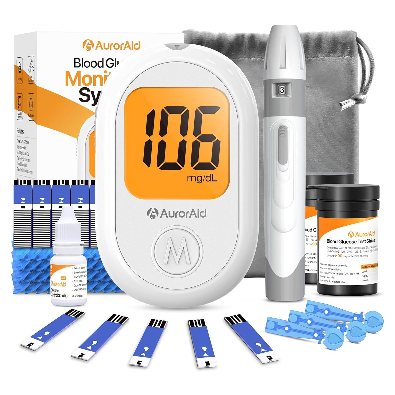 Glucometro AurorAid G-426 con 100 Tiras y 100 Lancetas