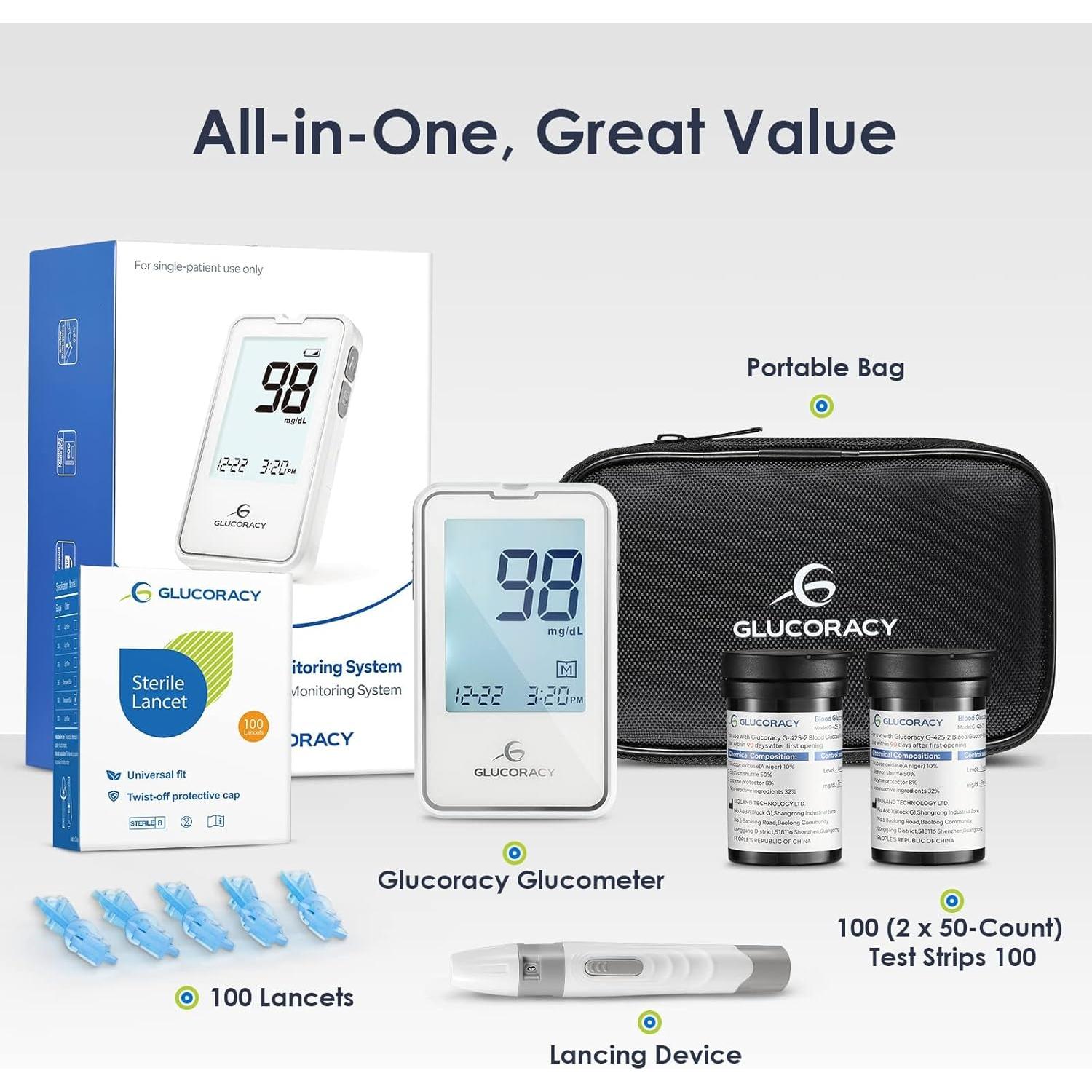 Kit de Monitor de Glucosa Glucoracy G-425-2 con 100 Tiras