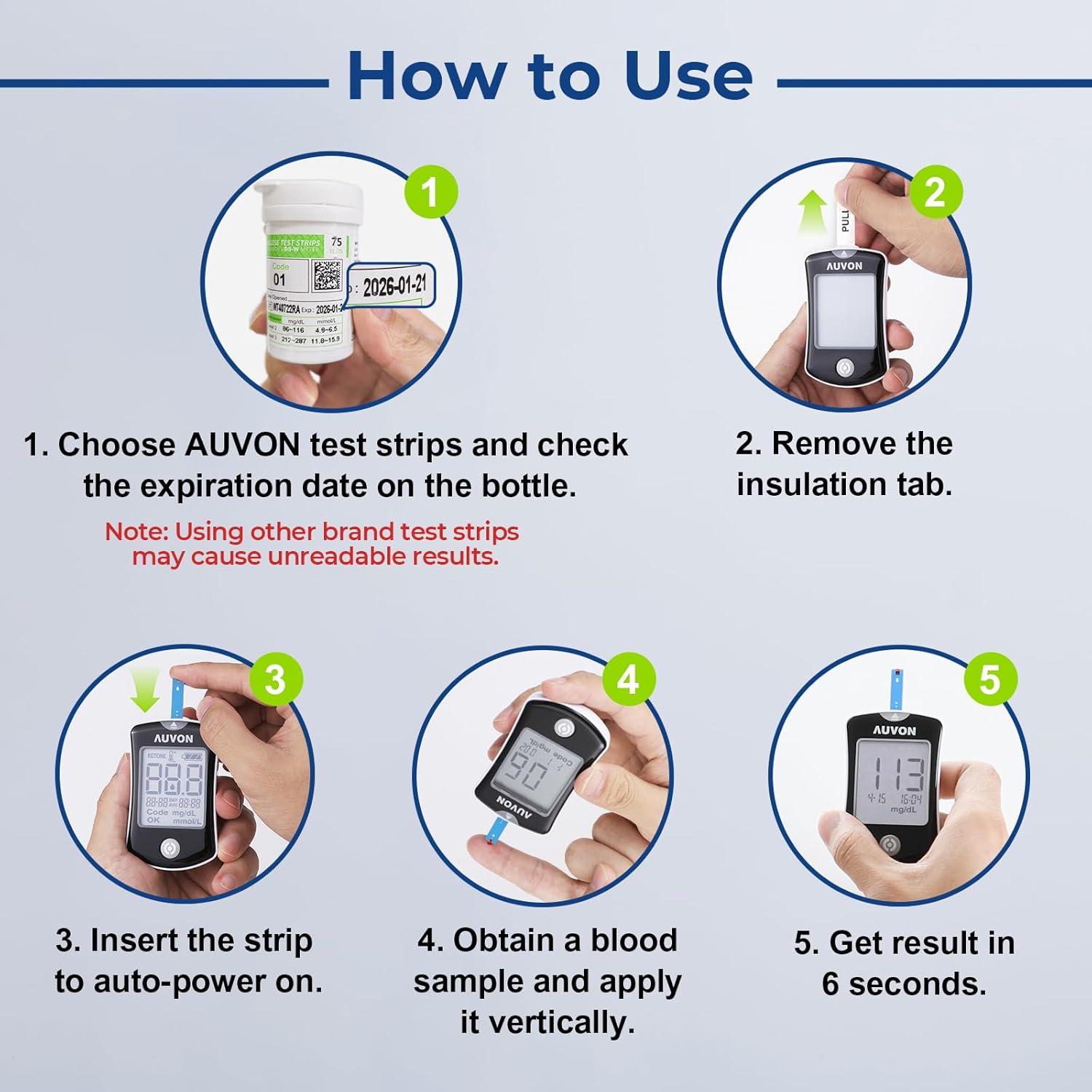 Kit de Monitor de Glucosa AUVON DS-W con 100 Tiras y Lancetas