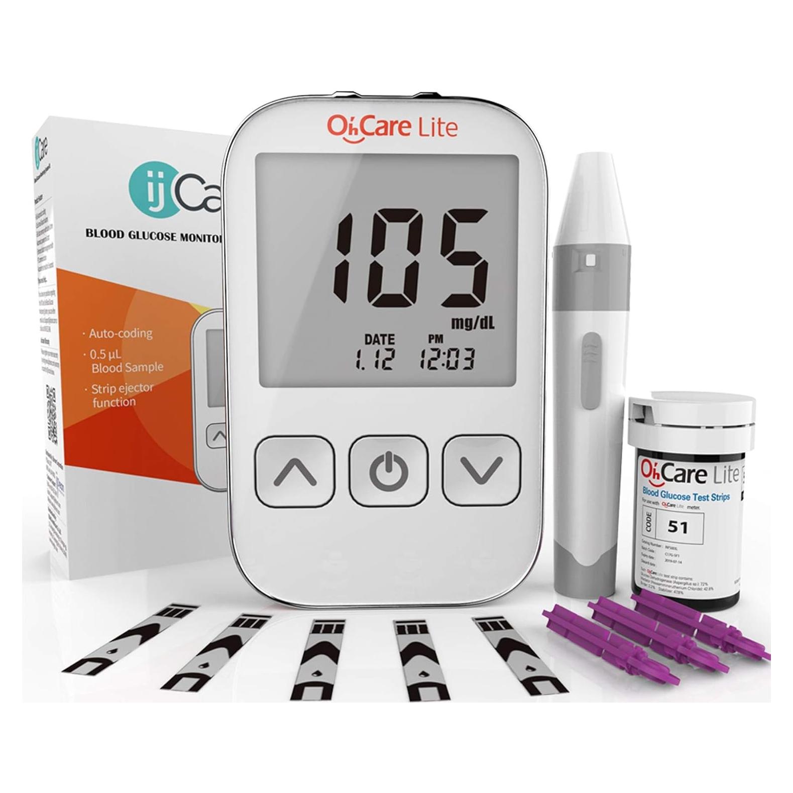 Kit de Prueba de Azúcar en Sangre ijCare Lite - Glucómetro con 50 Tiras y Lancetas