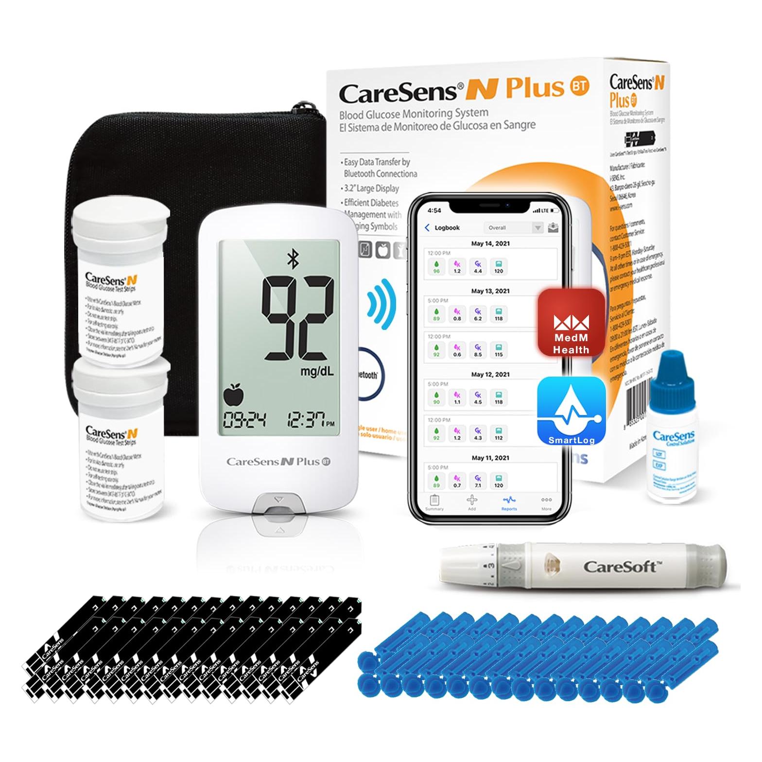Kit Monitor Glucosa CareSens N Plus Bluetooth 100 Tiras 100 Lancetas