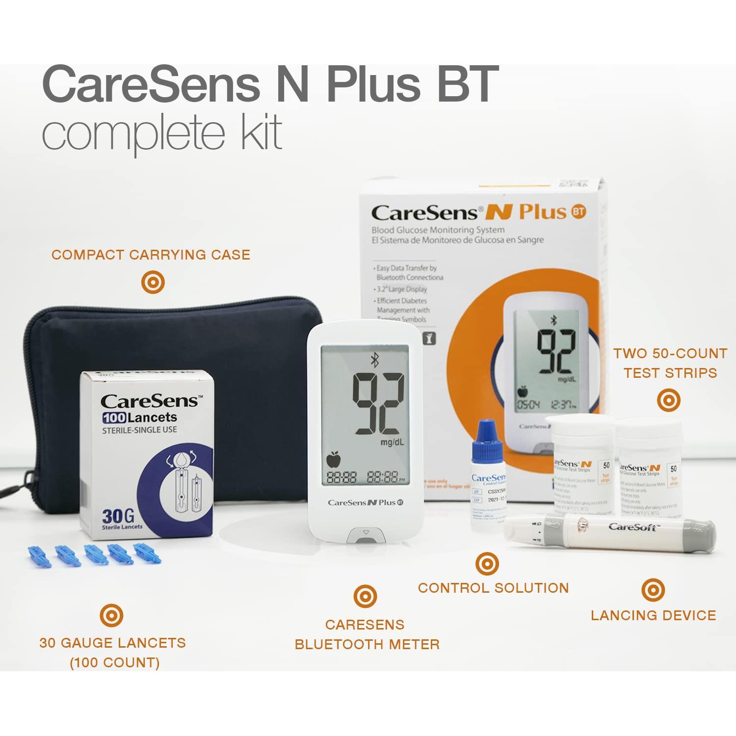 Kit Monitor Glucosa CareSens N Plus Bluetooth 100 Tiras 100 Lancetas