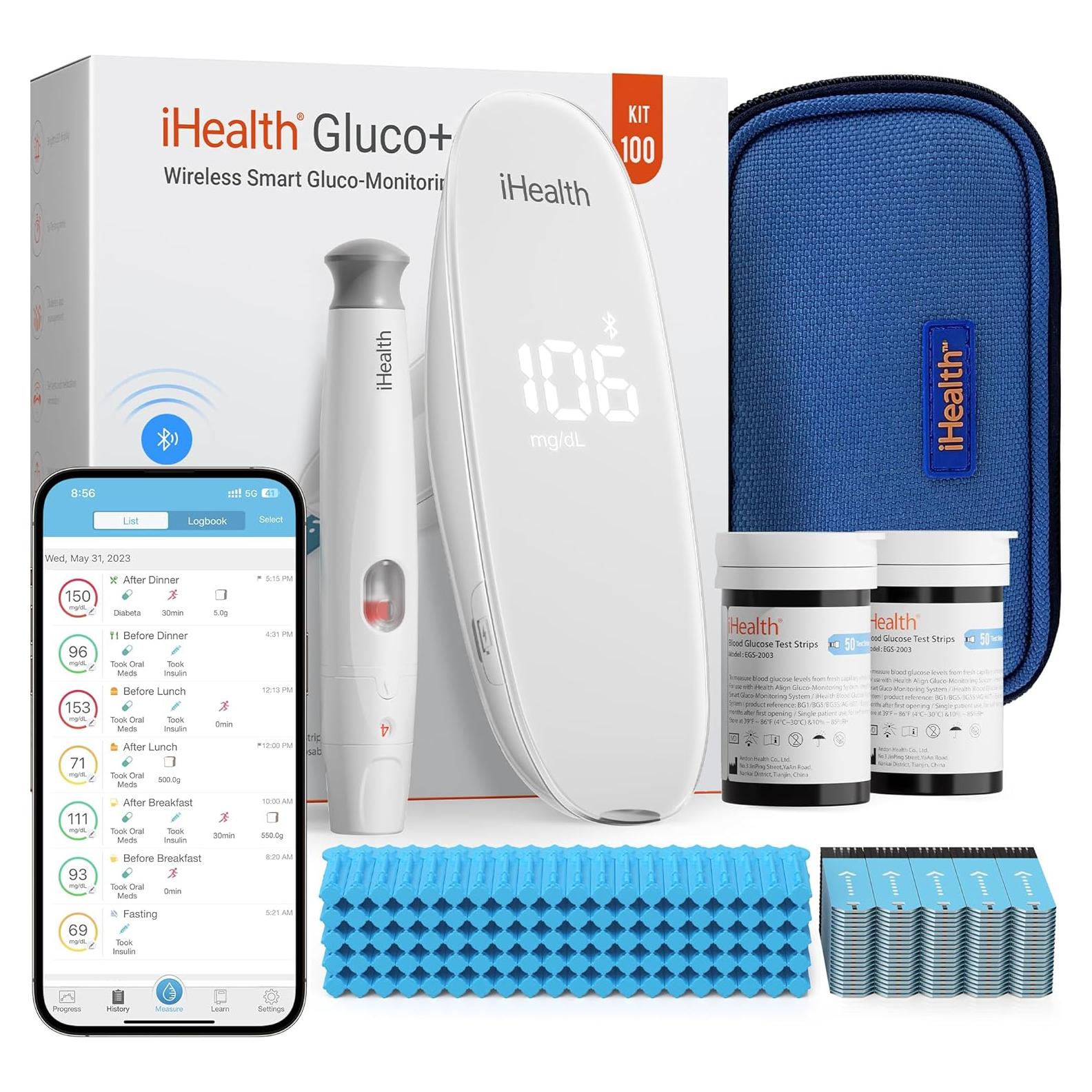 iHealth Gluco+ Monitor de Glucosa BG5S100 Inalámbrico con 100 Tiras