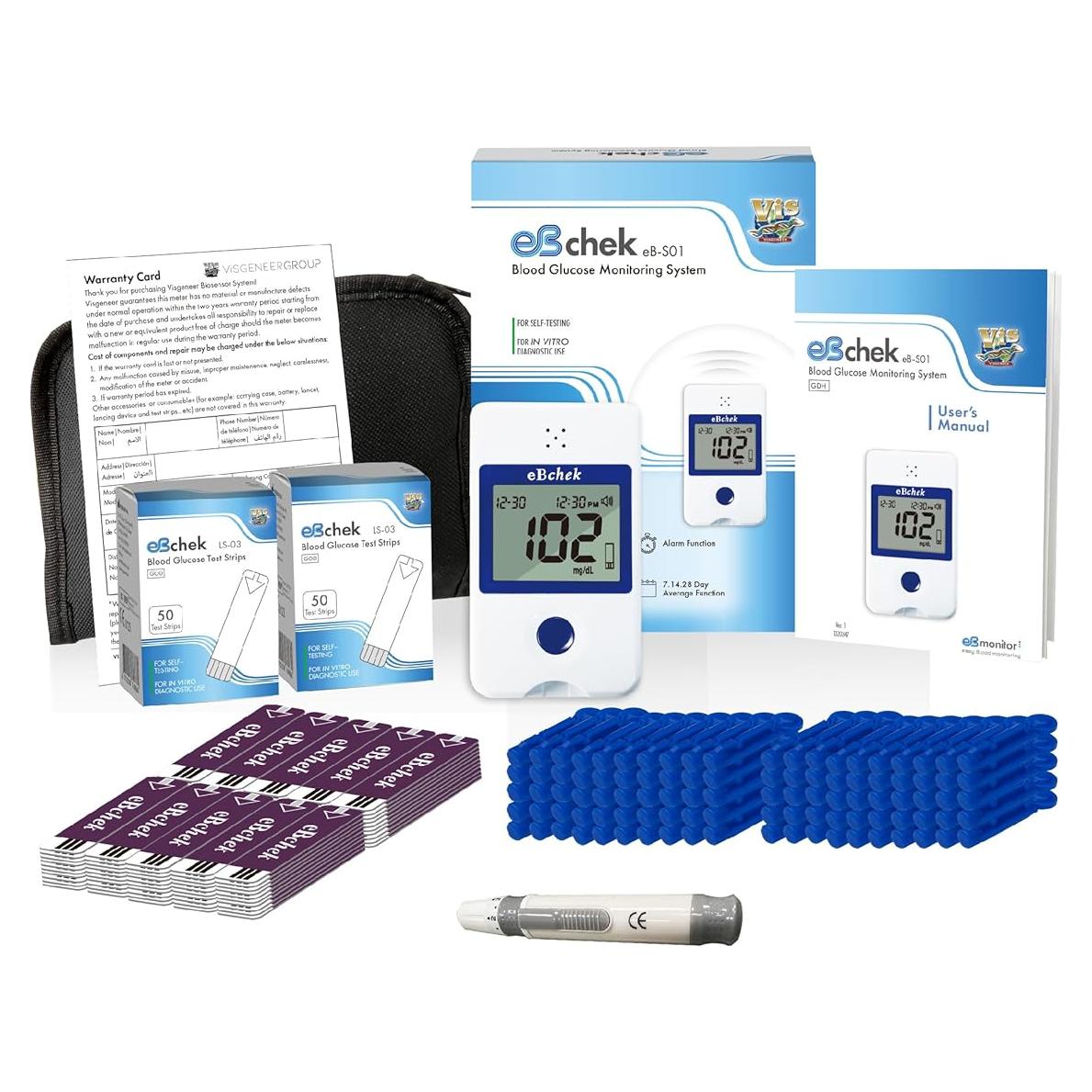 Kit Monitor de Glucosa eBchek con 100 Tiras y Lancetas