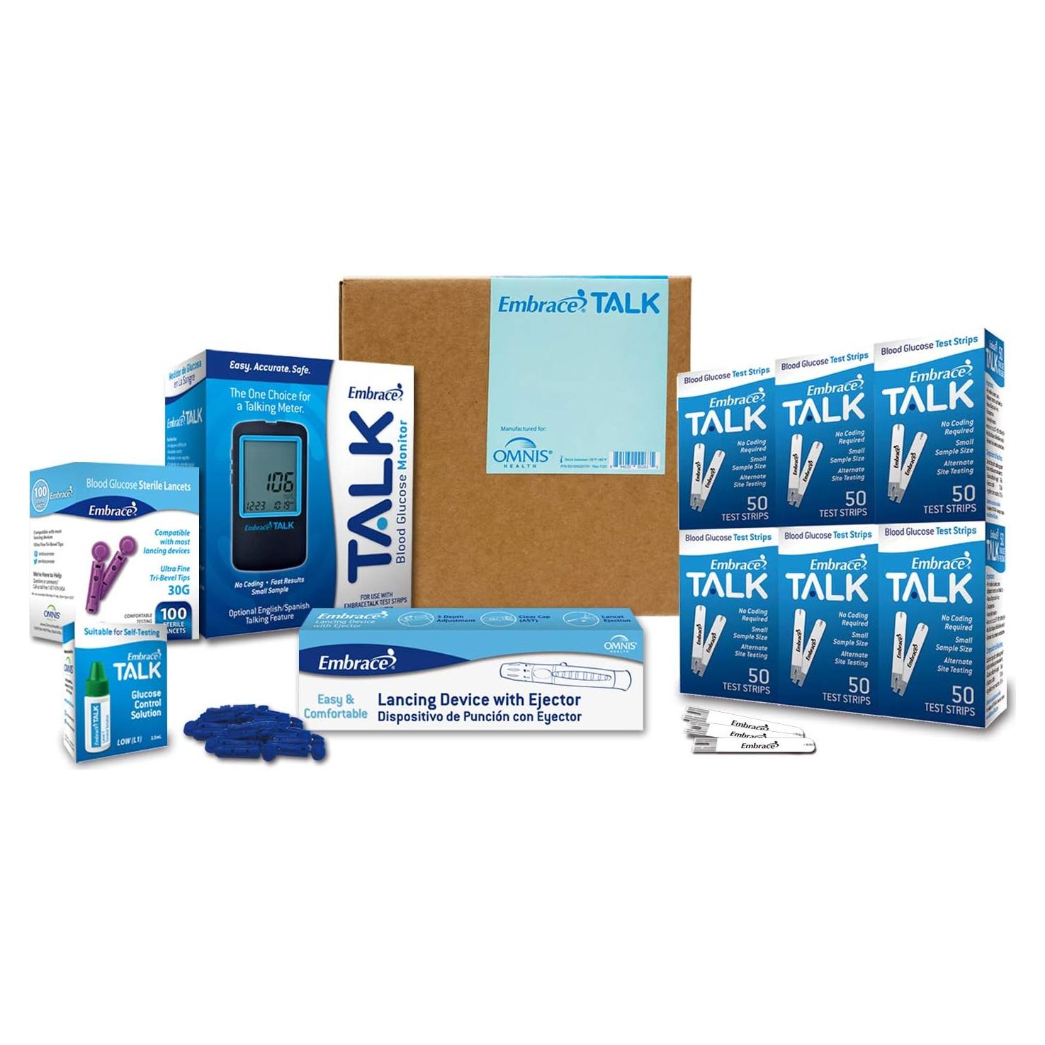 Kit de Pruebas de Diabetes Embrace Talk - Medidor y 300 Tiras
