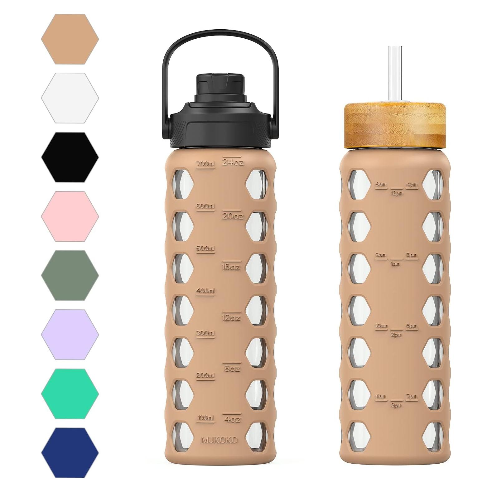 Botella de Agua de Vidrio MUKOKO 0.71L con 2 Tapas Ámbar