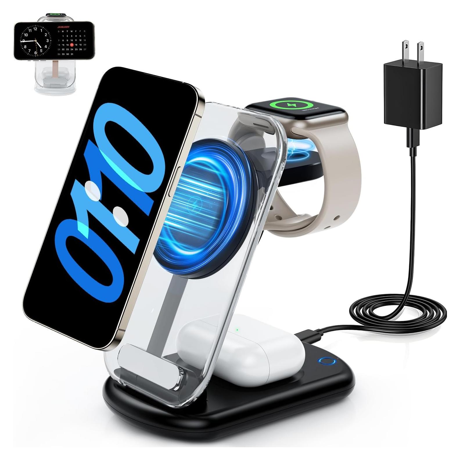 Cargador Inalámbrico 3 en 1 Mag-Safe Negro para iPhone 16/15/14