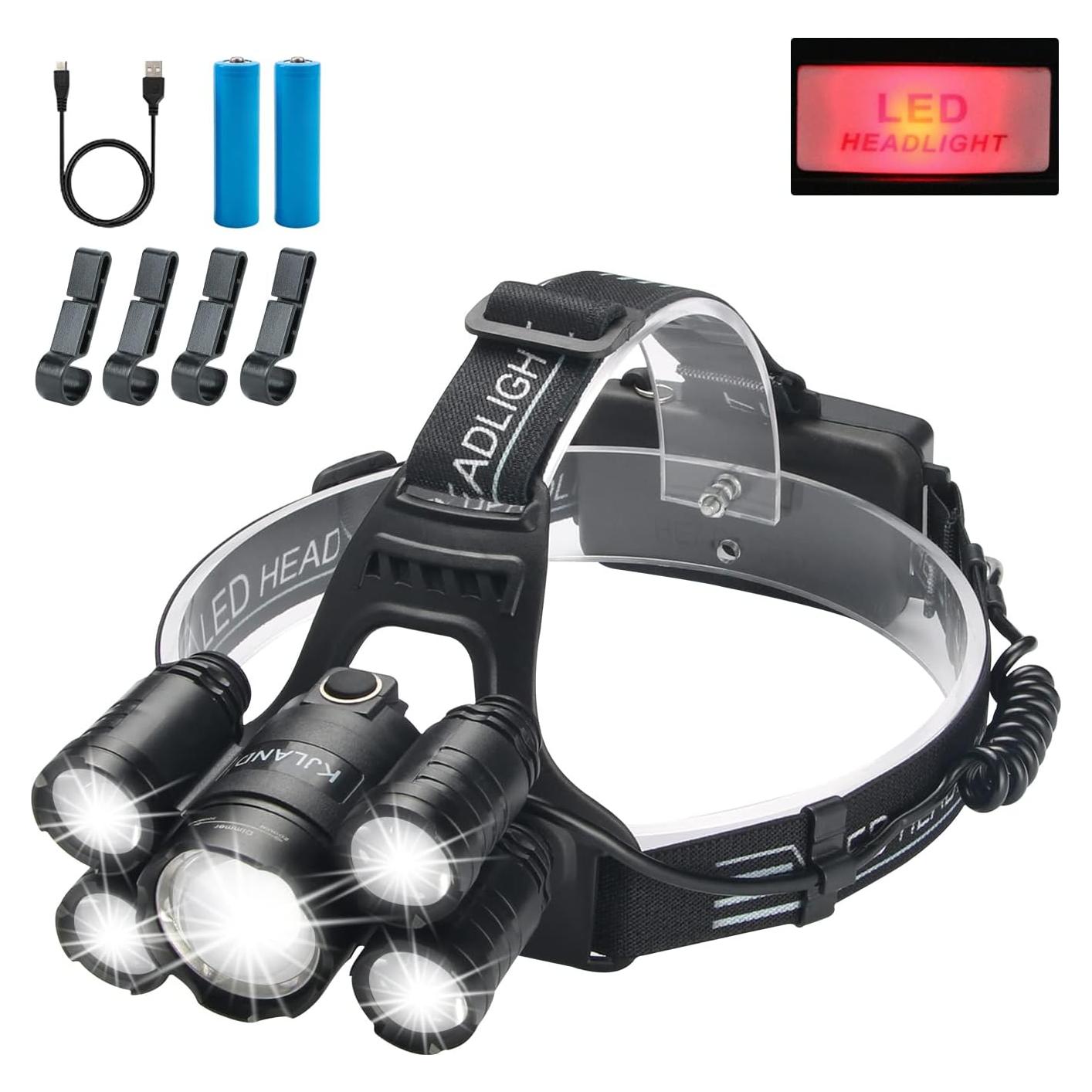 Rechargeable Headlamp, 2000 Lumen Ultra Bright 5 LED Head Lamp for Adults, Waterproof Zoomable Headlight Flashlight, Work Outdoor Hard Hat Light for Camping Hiking Fishing Hunting