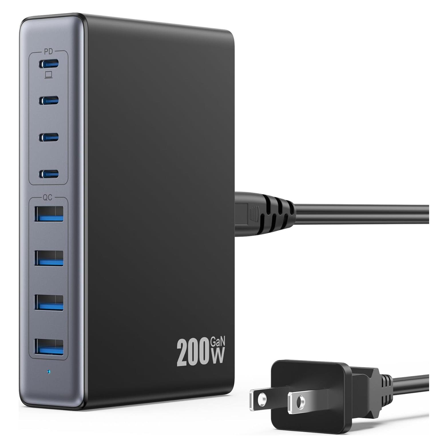 Cargador USB C 200W GaN IV 8 Puertos Rápido QC4.0 Negro