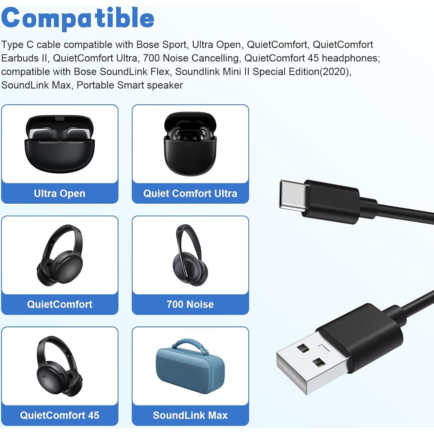 Cable USB C 1.5m Gneinour para Auriculares Bose Sport y QC45