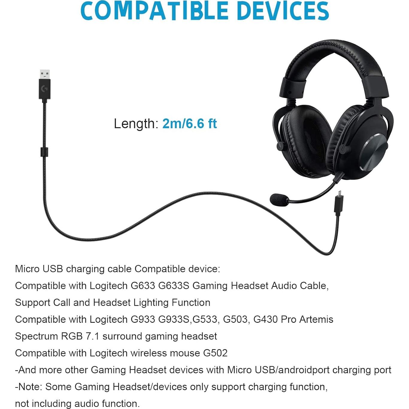 Cable de carga y audio Micro USB 2m Koffmon para Logitech G633/G933