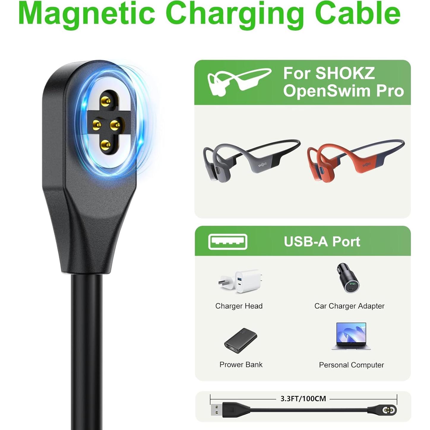 Cable de Carga Magnético USB 4 Pines para Shokz OpenSwim Pro S710 - 2 Pack 1.01m