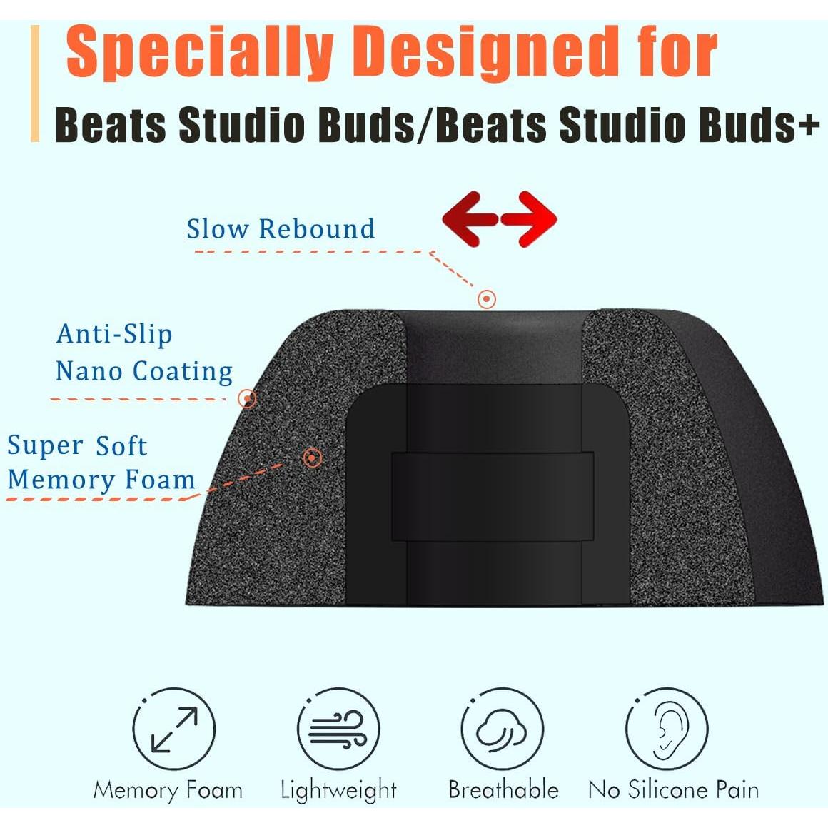 Memory Foam Ear Tips for Beats Studio Buds Earhooks for Beats Earbuds Replacement Grip Cover for Beats Studio Buds+ Ear Tips fit in Charging Case, Black