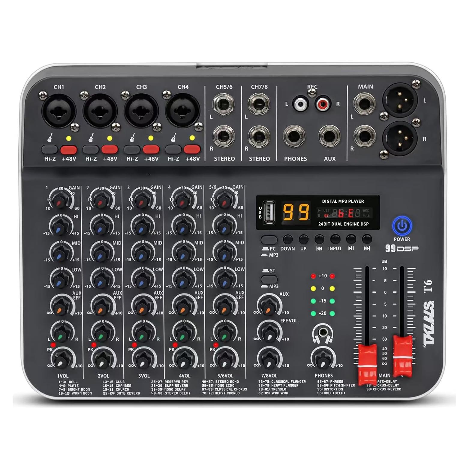 Mezclador de Audio TKLBLS T6 6 Canales USB con Phantom 48V