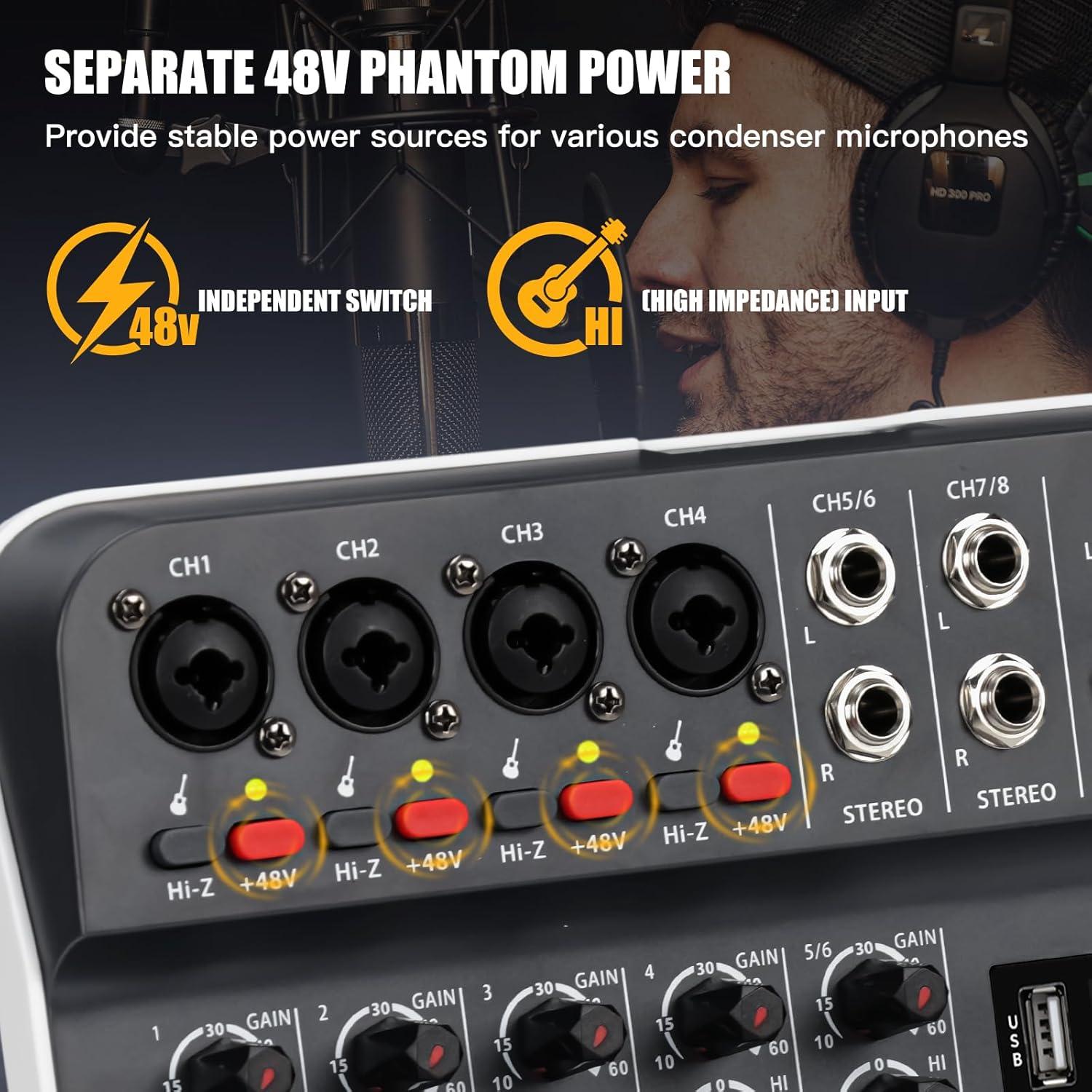 Mezclador de Audio TKLBLS T6 6 Canales USB con Phantom 48V