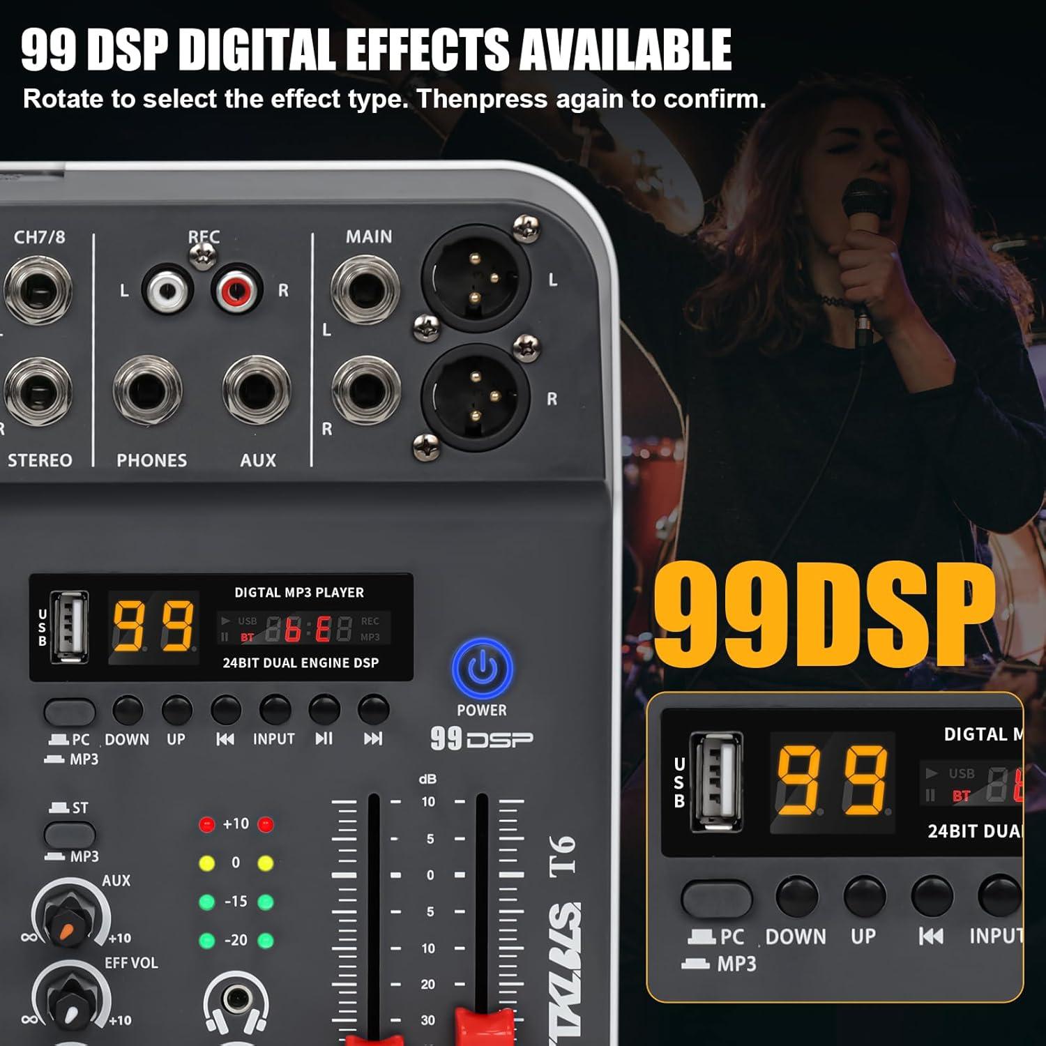 Mezclador de Audio TKLBLS T6 6 Canales USB con Phantom 48V