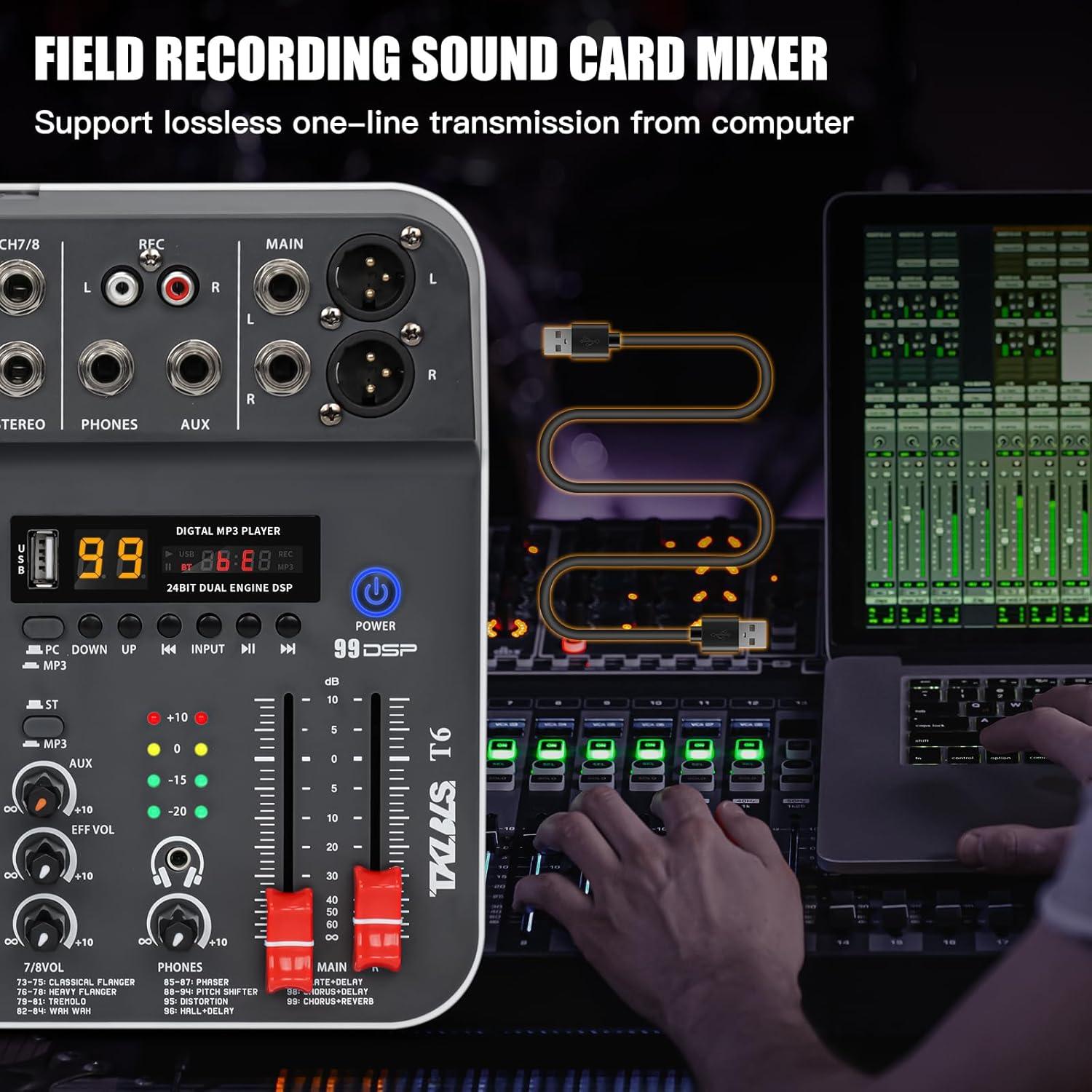 Mezclador de Audio TKLBLS T6 6 Canales USB con Phantom 48V