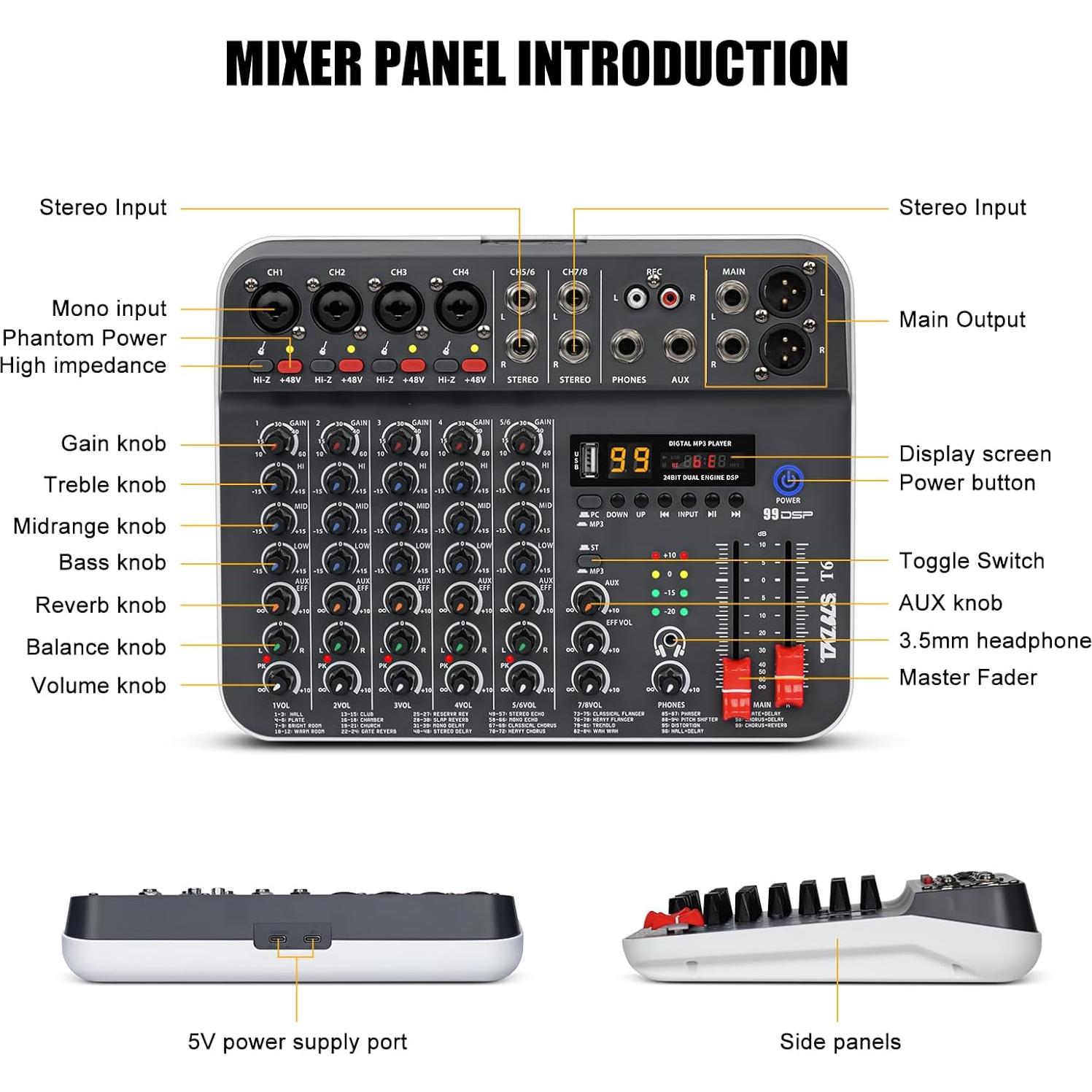 Mezclador de Audio TKLBLS T6 6 Canales USB con Phantom 48V