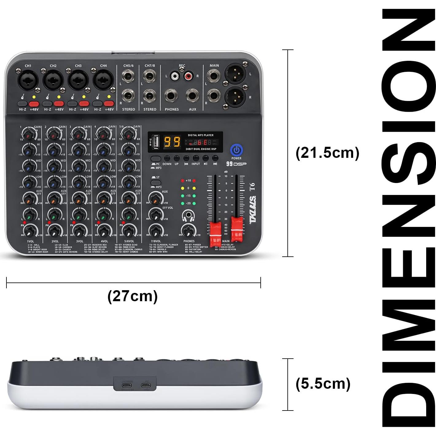 Mezclador de Audio TKLBLS T6 6 Canales USB con Phantom 48V