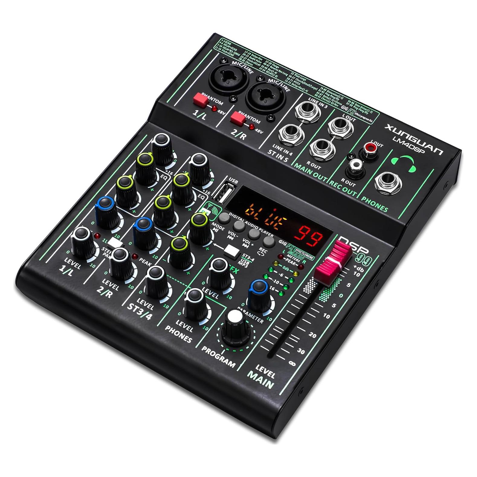 Mezclador de Audio XUNGUAN LM4DSP 4 Canales Bluetooth USB 48V